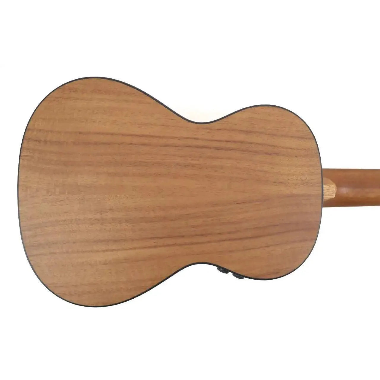 Flight Victoria Soundwave Tenor Ukulele back, light brown acacia wood with black binding and cutaway.