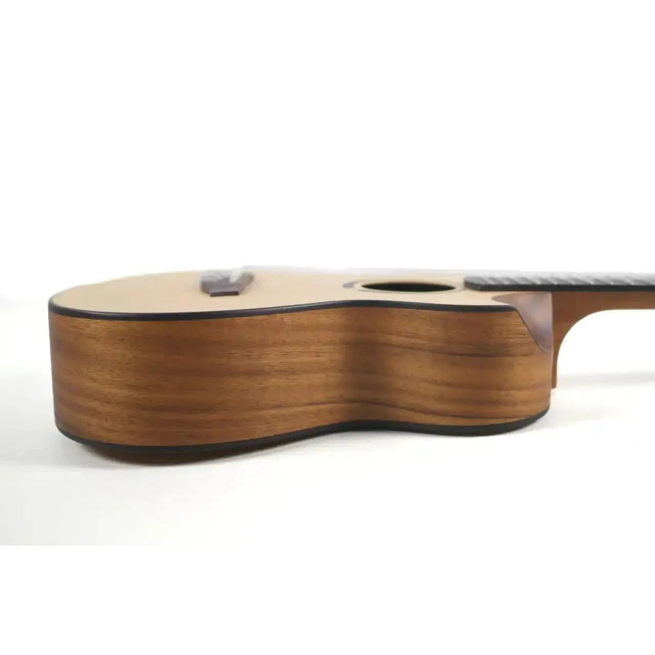 Flight Victoria Soundwave tenor ukulele, light wood top, dark wood sides, black binding, scalloped cutaway.