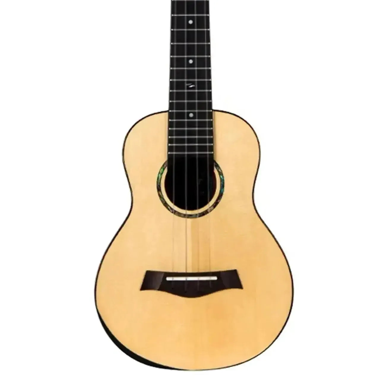 Flight Voyager EQ-A Concert Ukulele with light spruce top, dark fretboard, and unique bridge design.