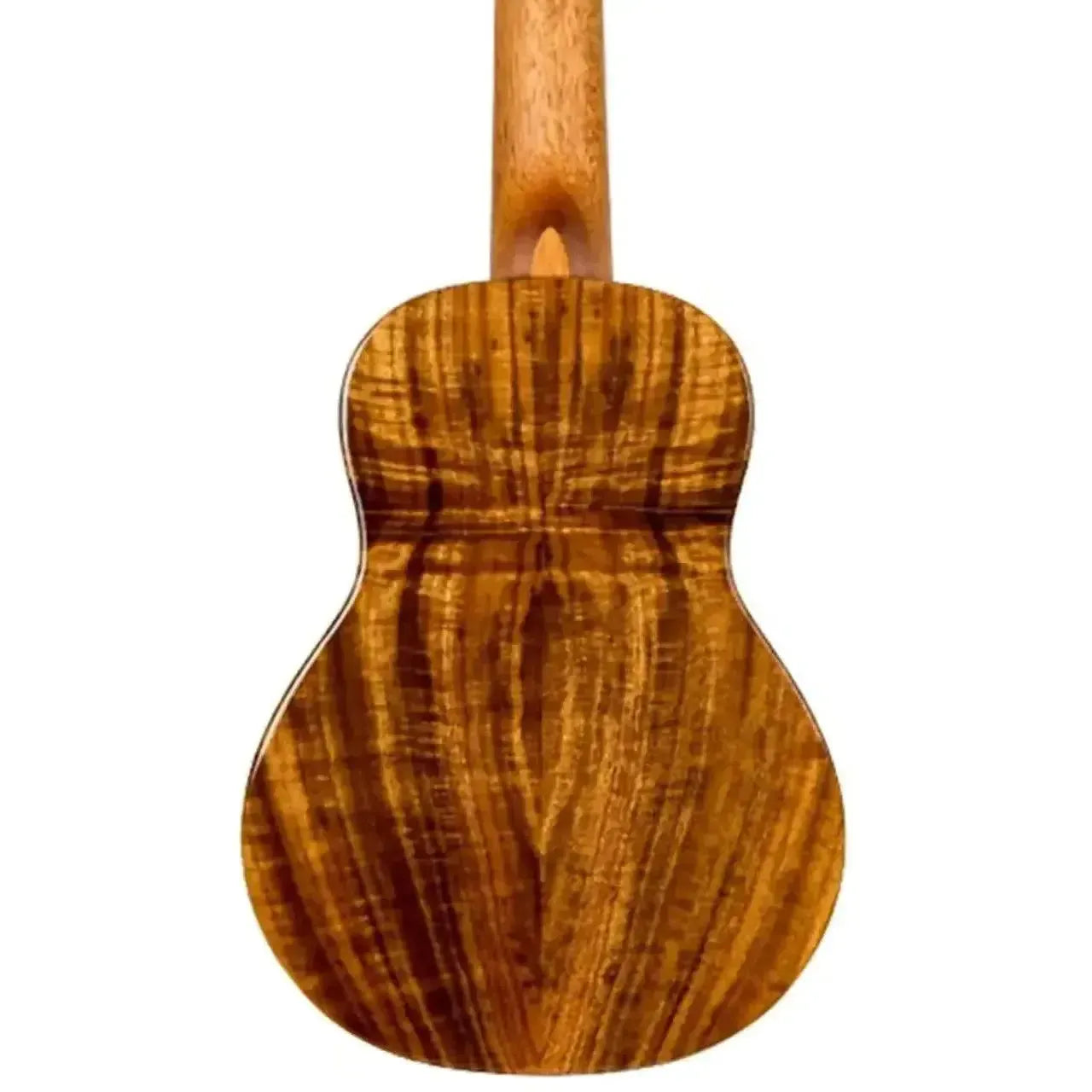 Back of Flight Voyager EQ-A Concert Ukulele, showing solid acacia wood with a wavy grain and gloss finish.