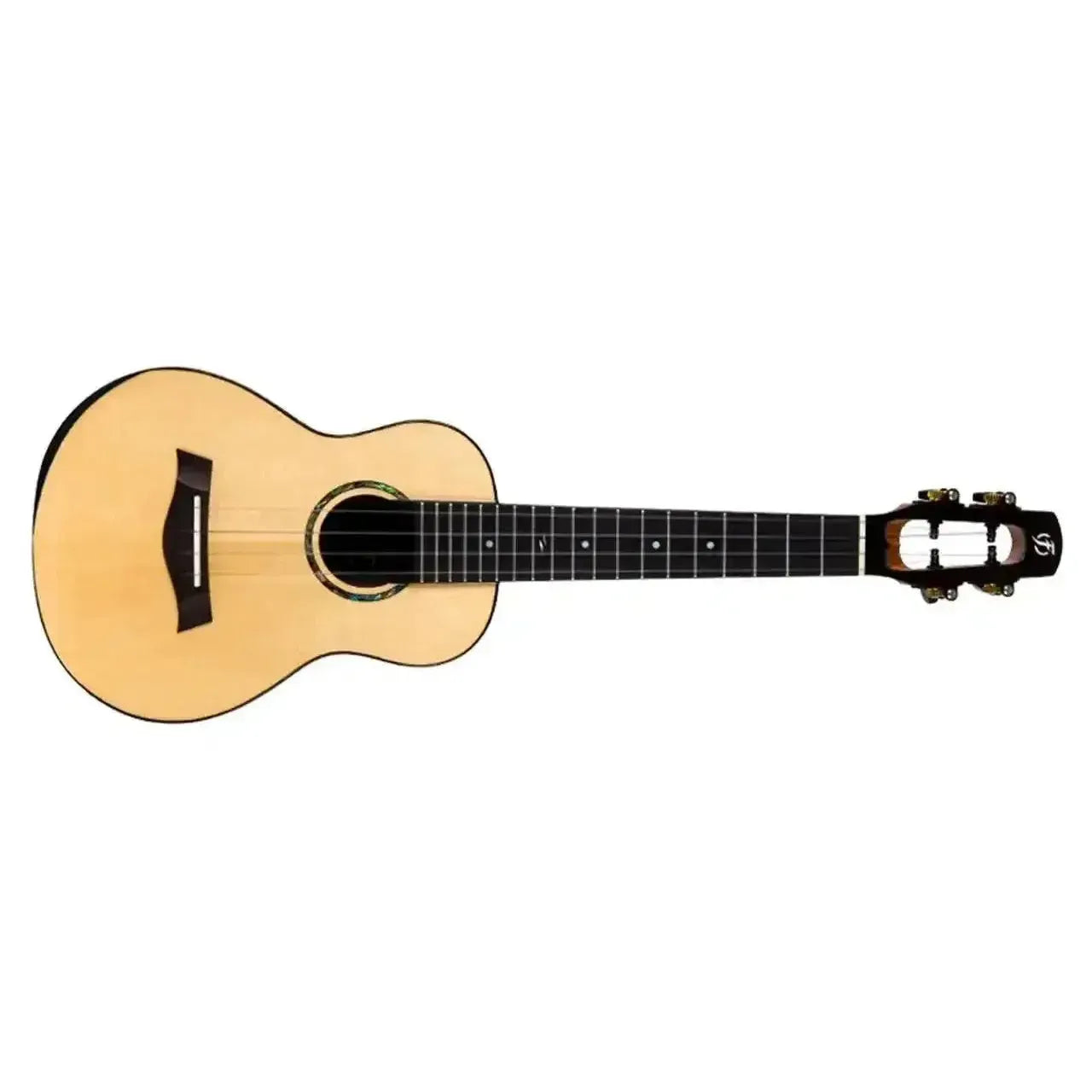 Flight Voyager EQ-A Concert Ukulele with light spruce top, dark fretboard, and unique headstock.