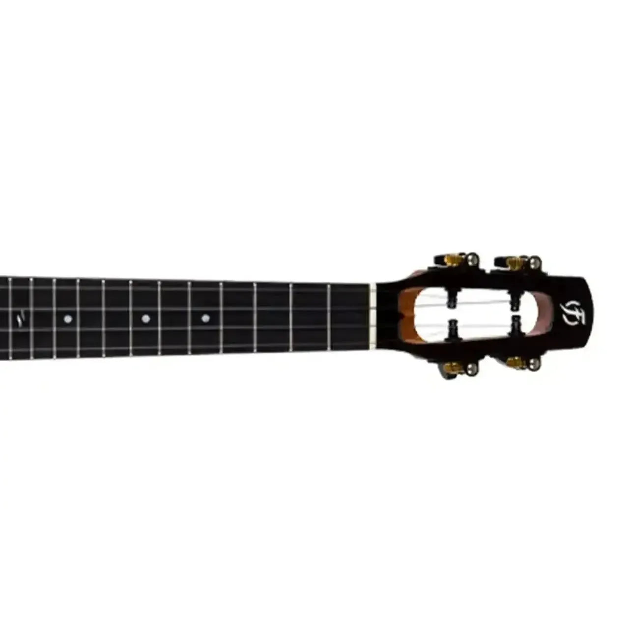 Flight Voyager EQ-A Concert Ukulele headstock and fretboard, dark wood with gold tuners and white strings.