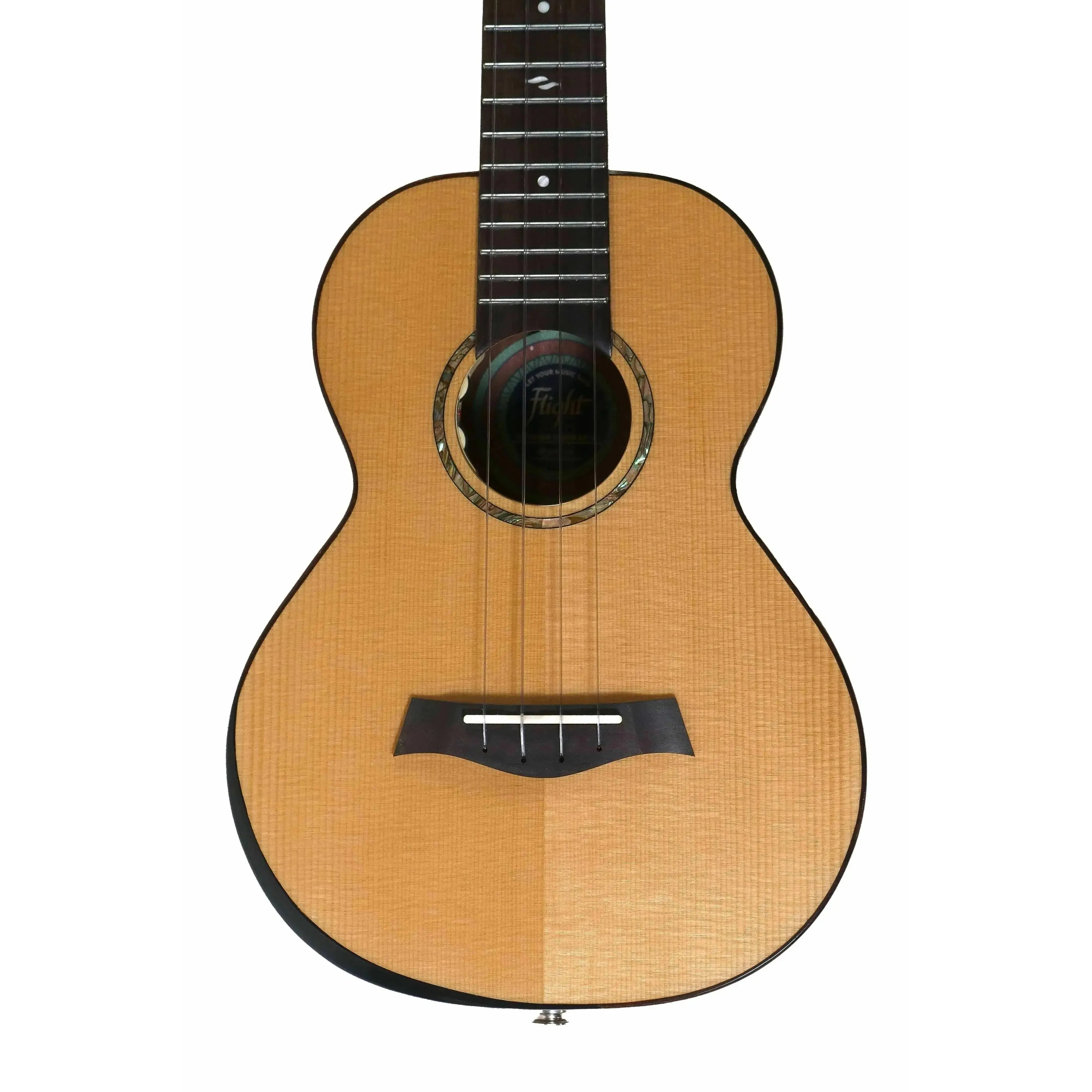 Flight Voyager EQ-A Tenor Ukulele with light spruce top, dark rosewood fretboard, and soundhole rosette.