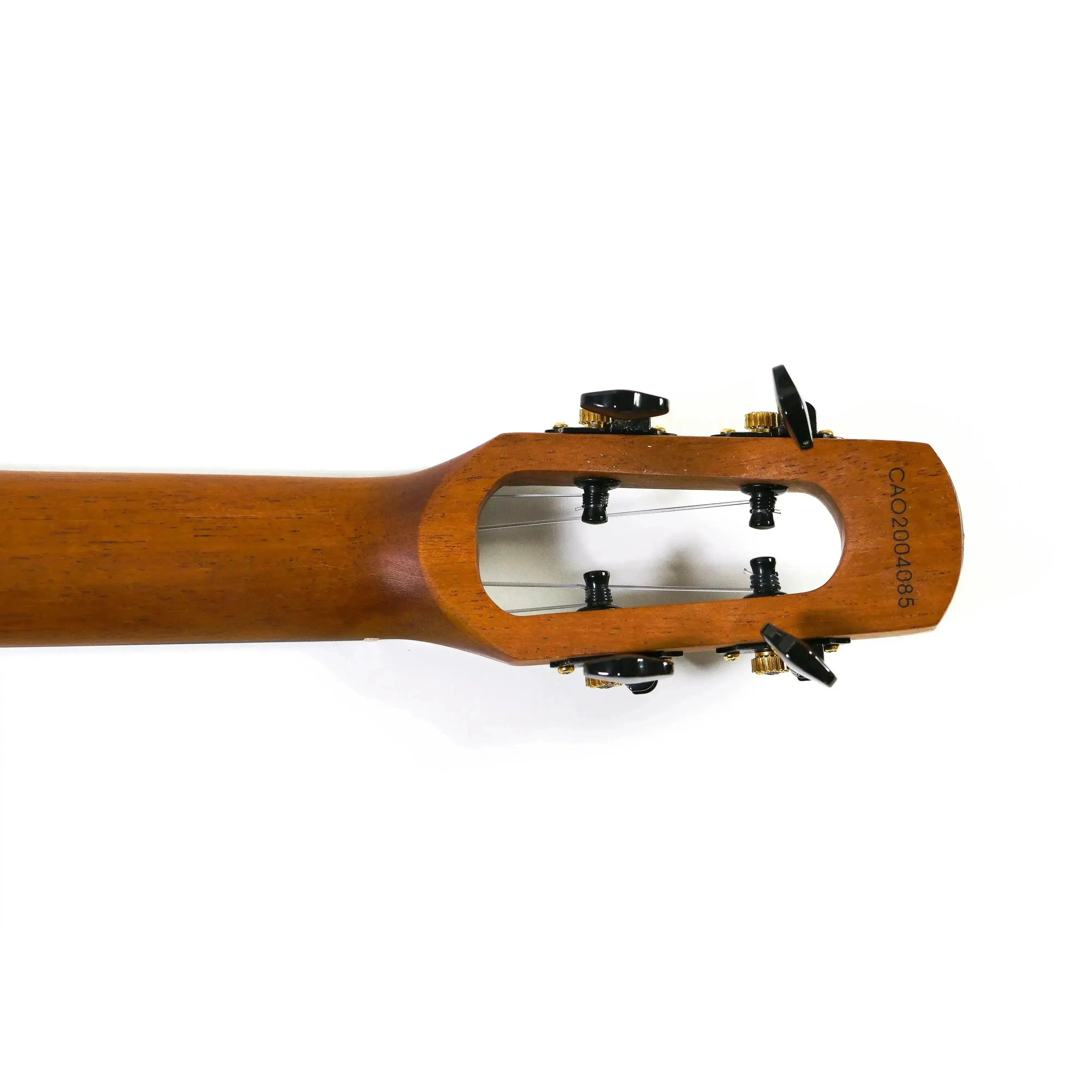 Flight Voyager EQ-A Tenor Ukulele headstock with open gear tuners and unique design.