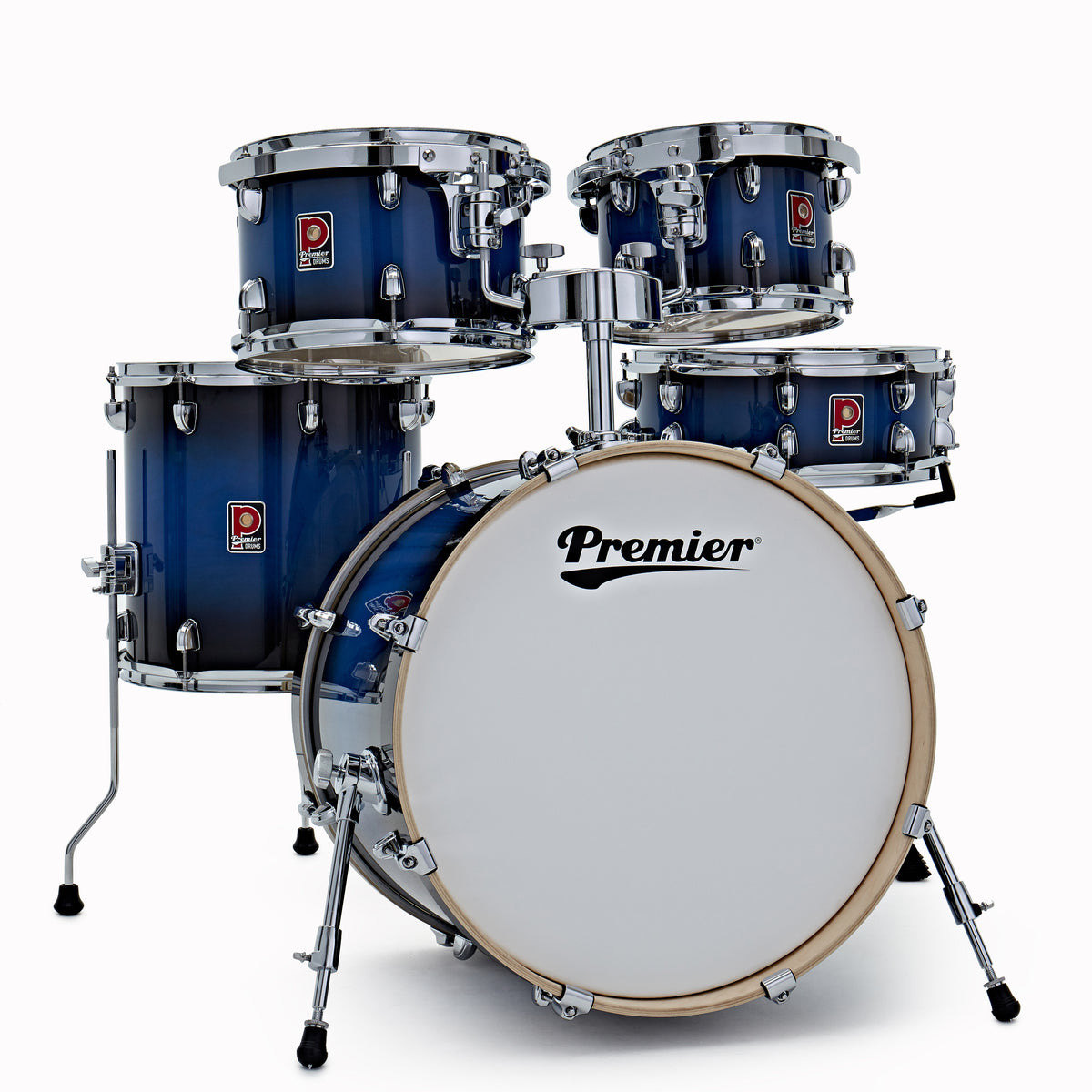 Premier Artist 20" five-piece shell pack in Indigo Burst (10/12/14/20): front view of the five-piece kit set up with the white-coated bass drum head