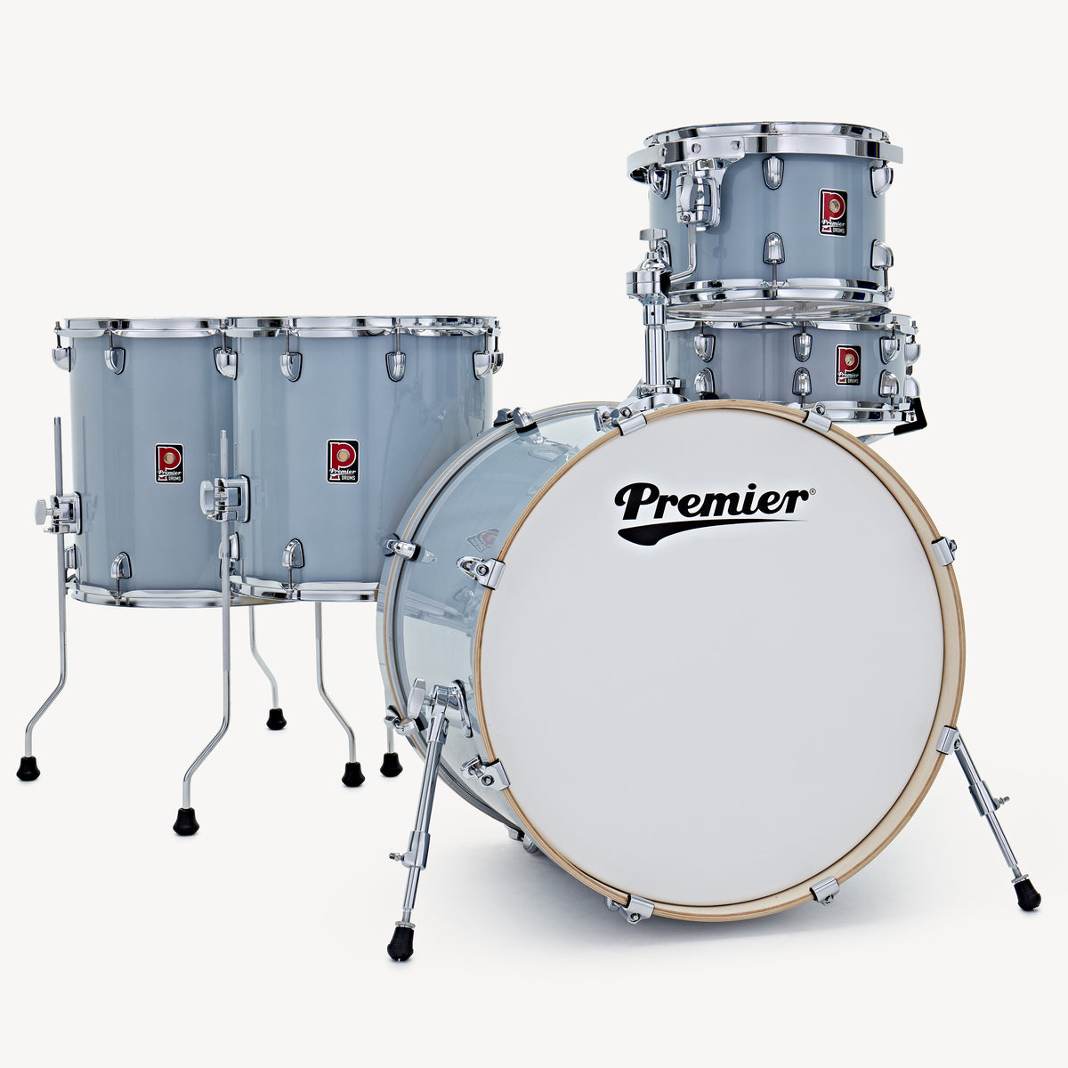 Premier Artist 22" five-piece shell pack in Steel Grey (12/14/16/22): front view of the five-piece kit with two floor toms standing beside the bass drum