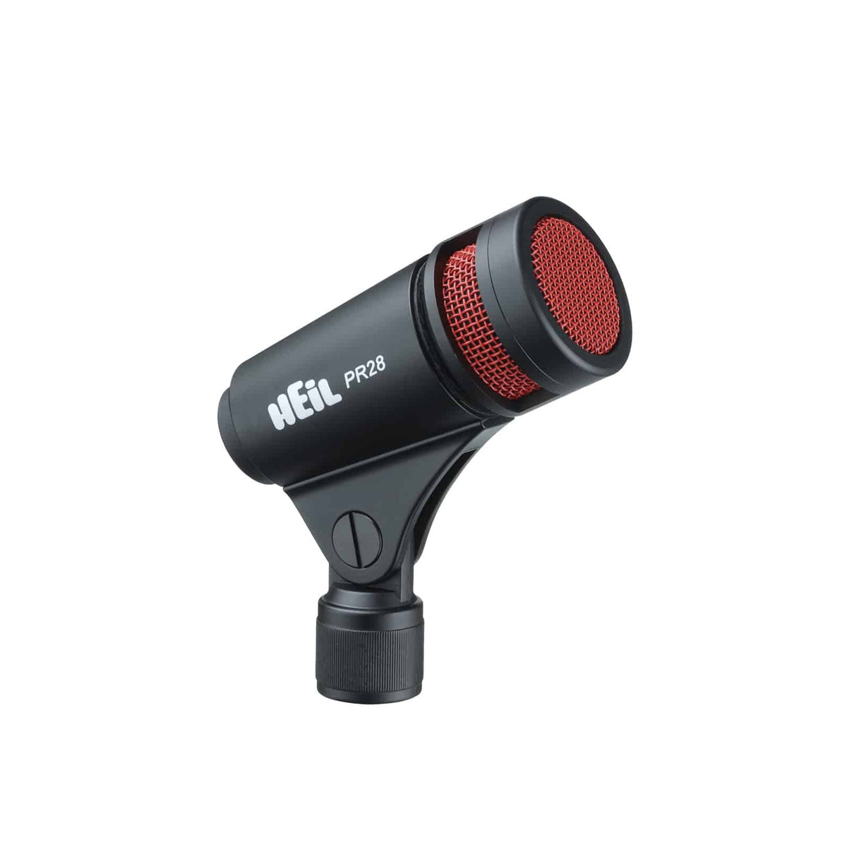 Heil Sound PR 28 side view showing the red grille and black body