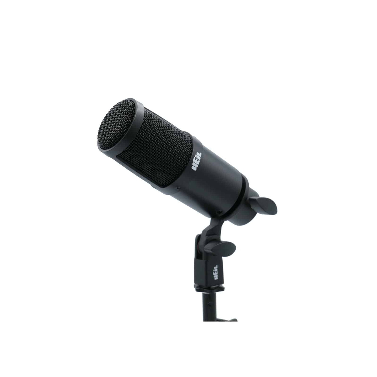 Black Heil Sound PR 30 in its mic clip on a stand, angled view
