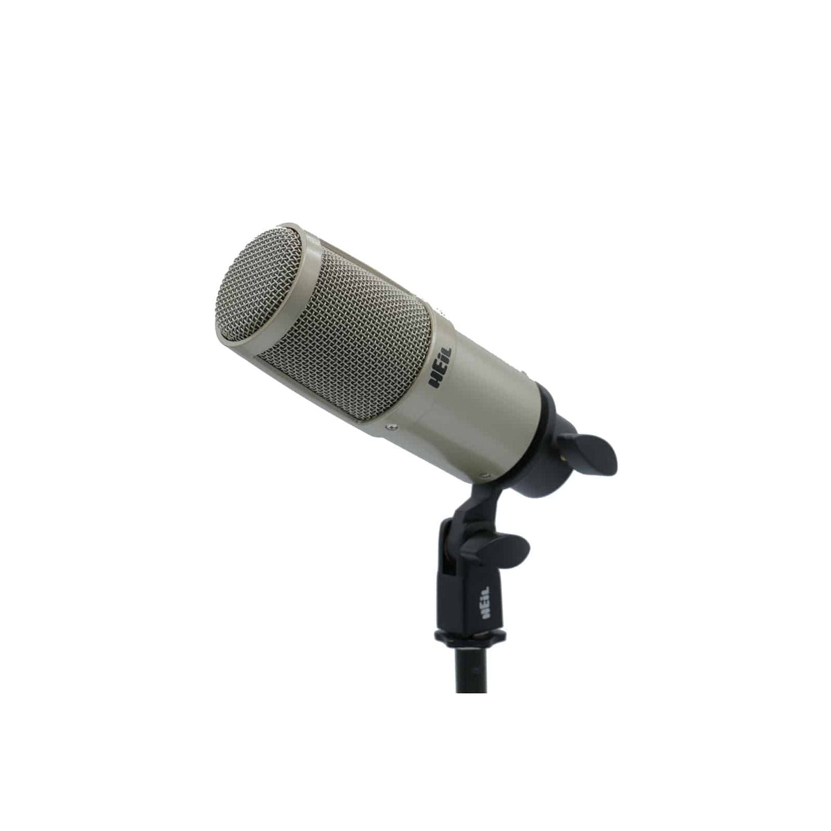 Champagne Heil Sound PR 30 in its mic clip on a stand, angled view