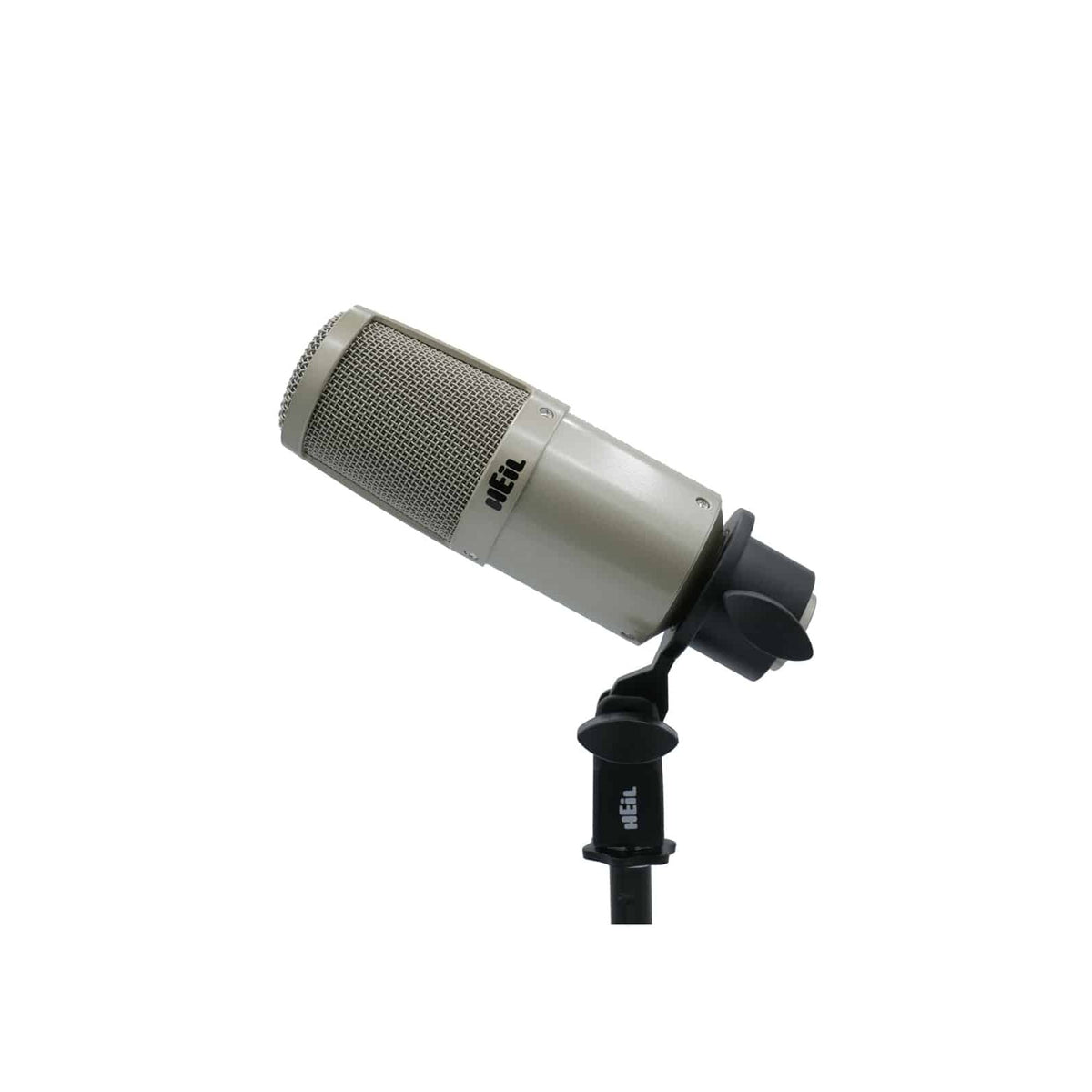 Champagne Heil Sound PR 30 in its mic clip, side view