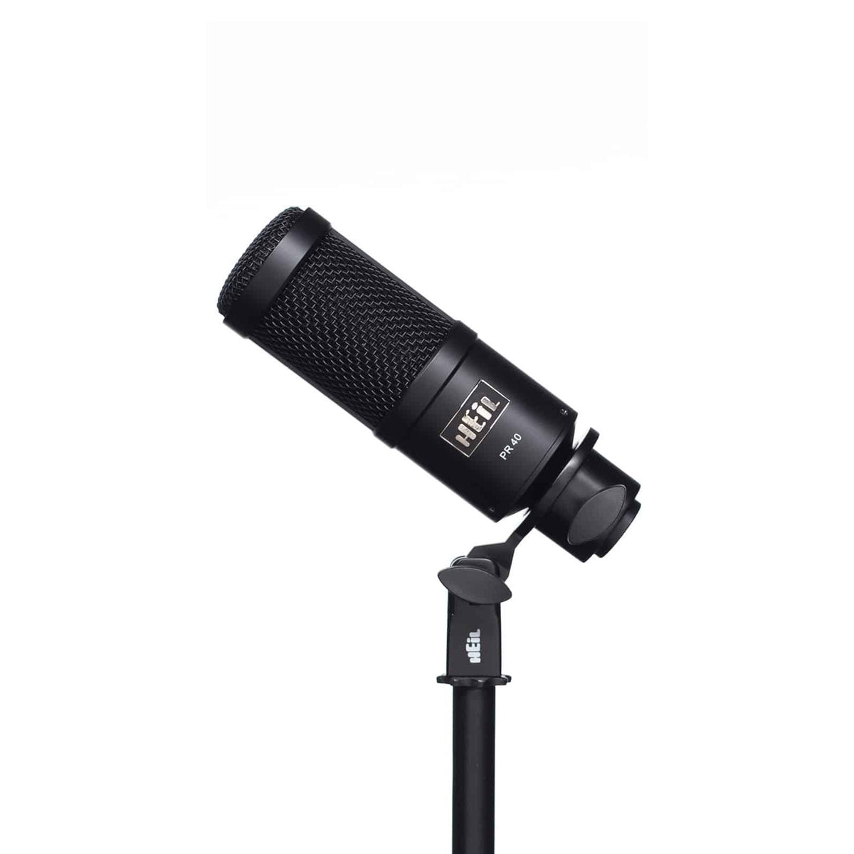 Black Heil Sound PR 40 in its mic clip, side view showing the XLR end