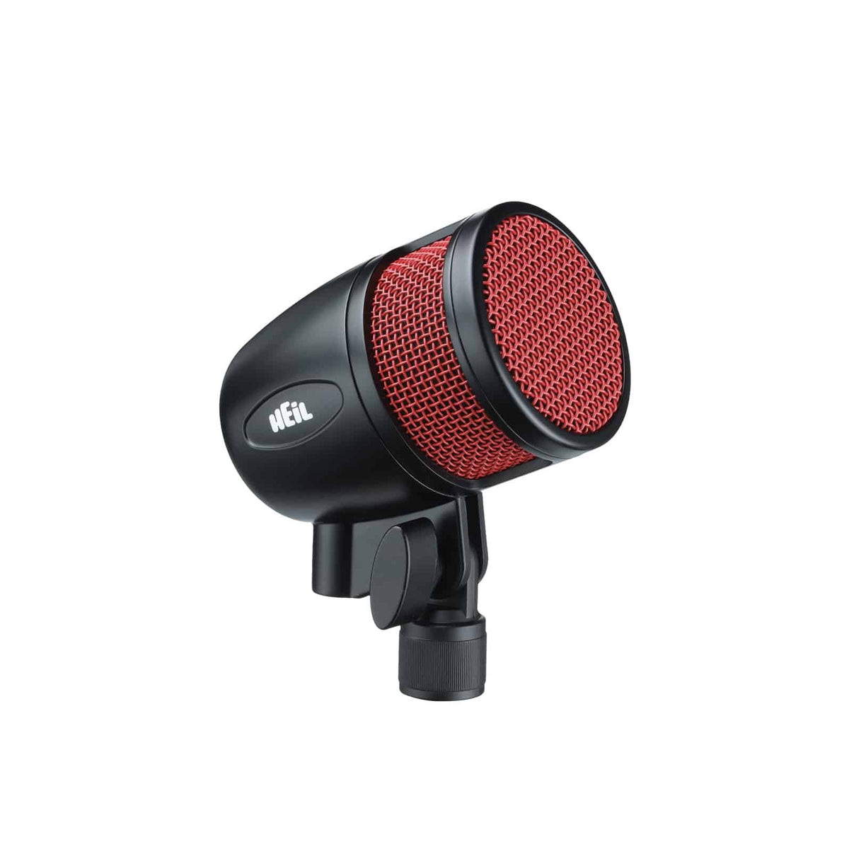 Heil Sound PR 48 kick drum microphone with red grille on its swivel mount, front angle