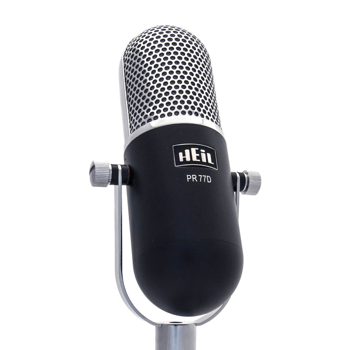 Heil Sound PR 77D in black with chrome grille and yoke, front view