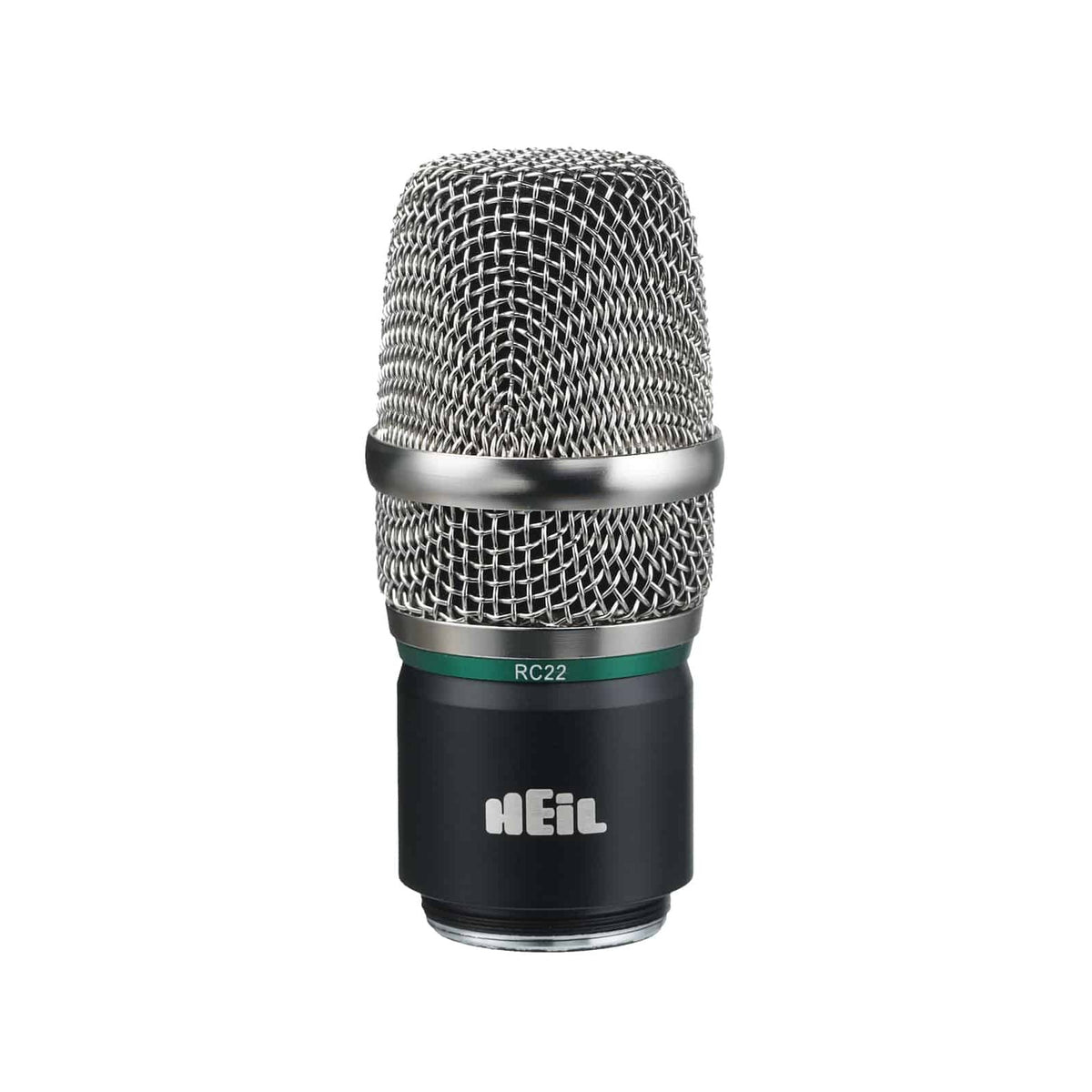 Heil Sound RC 22 wireless capsule with nickel mesh grille, black body and green ring, front view