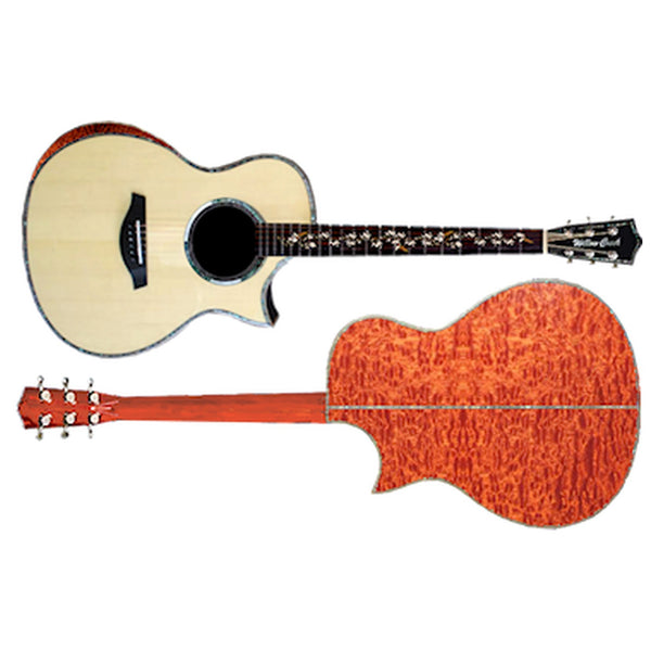 Willow Creek FX-SG9B Hummingbird Elite cutaway grand auditorium guitar with a natural Sitka spruce top, and its mahogany back and neck.