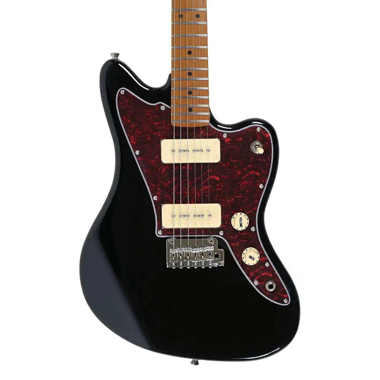 Jet JJ-300 P90 BK black solid body offset electric guitar with red tortoise pickguard.