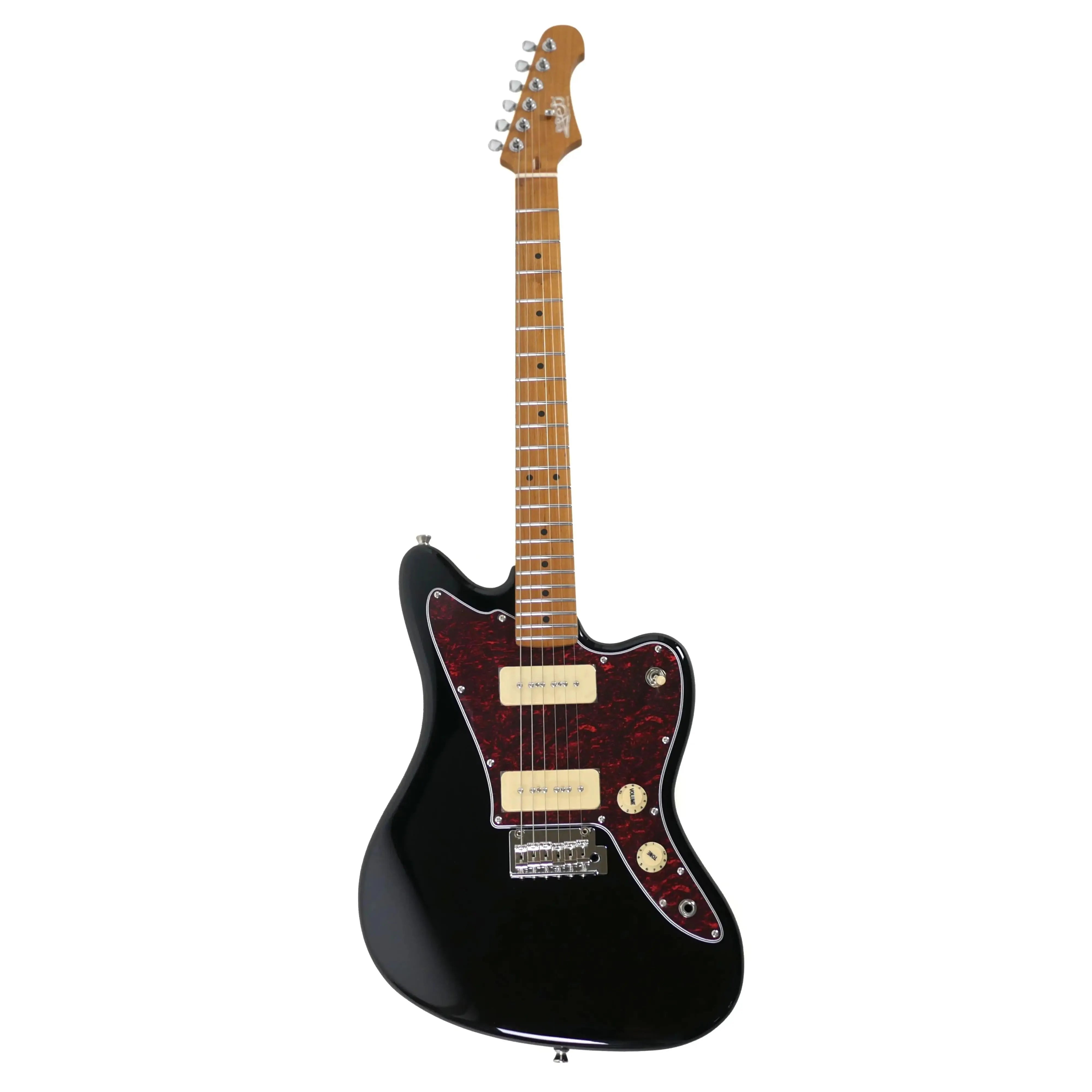 Jet JJ-300 P90 BK black solid body offset electric guitar with red pickguard and roasted maple neck.