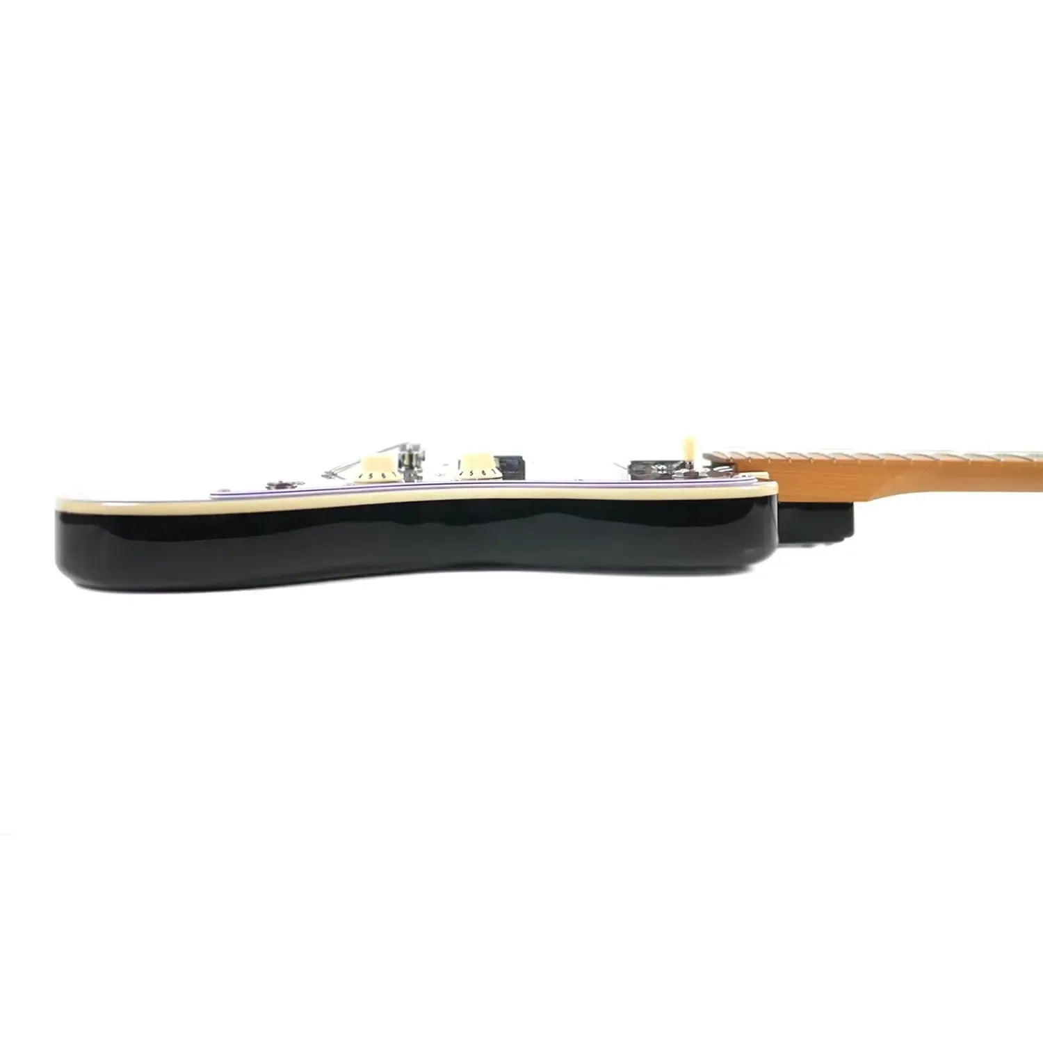 Side view of a Jet JJ-350 BK black solid body offset electric guitar with a roasted maple neck.