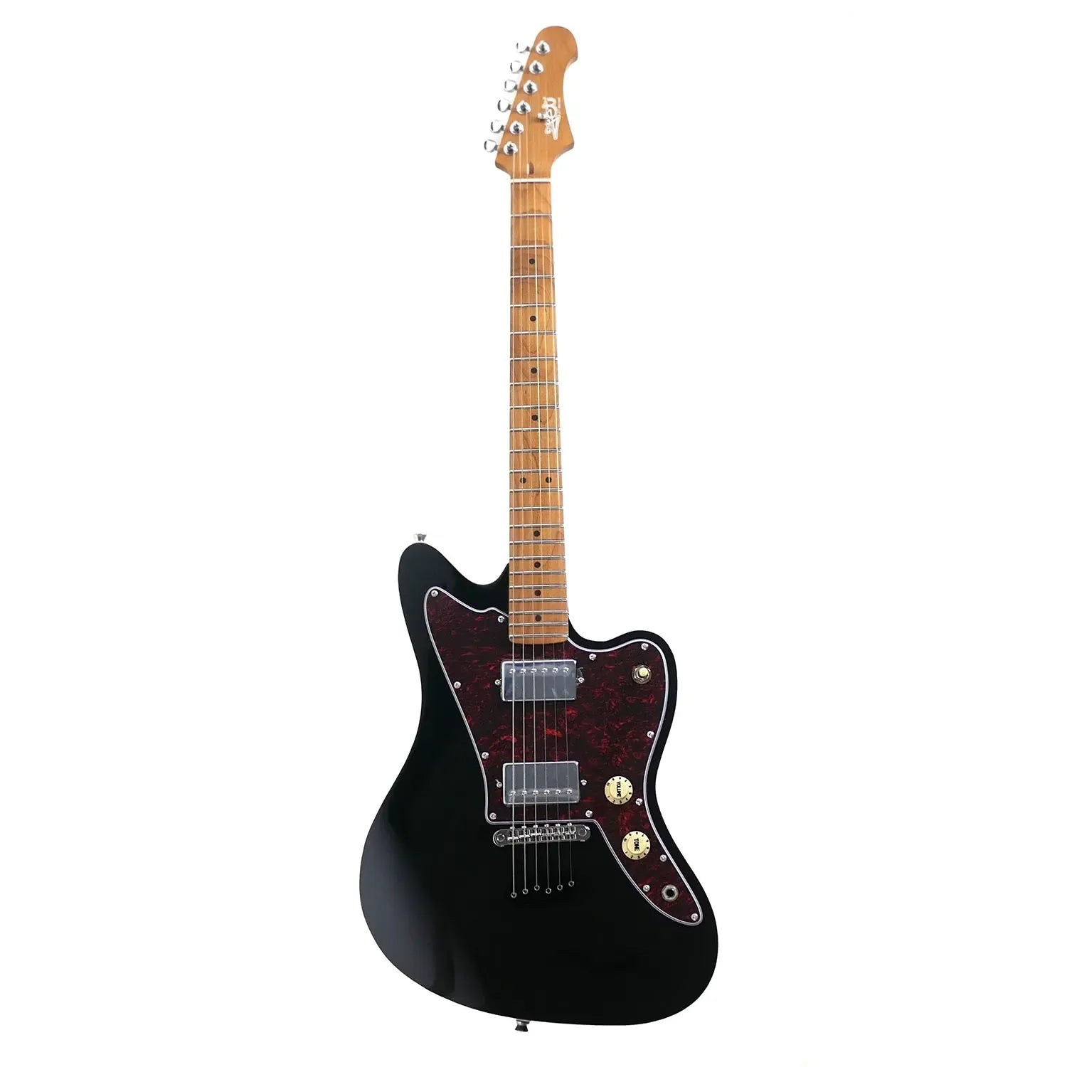 Jet JJ-350 BK black solid body offset electric guitar with roasted maple neck and red tortoise pickguard.