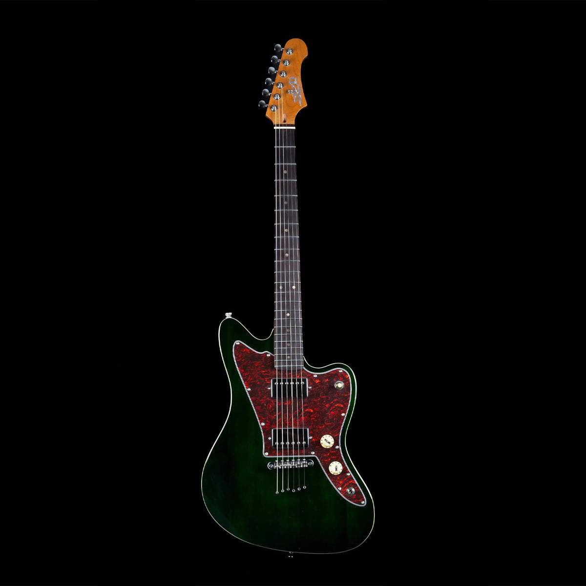 Jet JJ-350 GR R green offset electric guitar, full front view with red tortoise pickguard and rosewood fretboard.