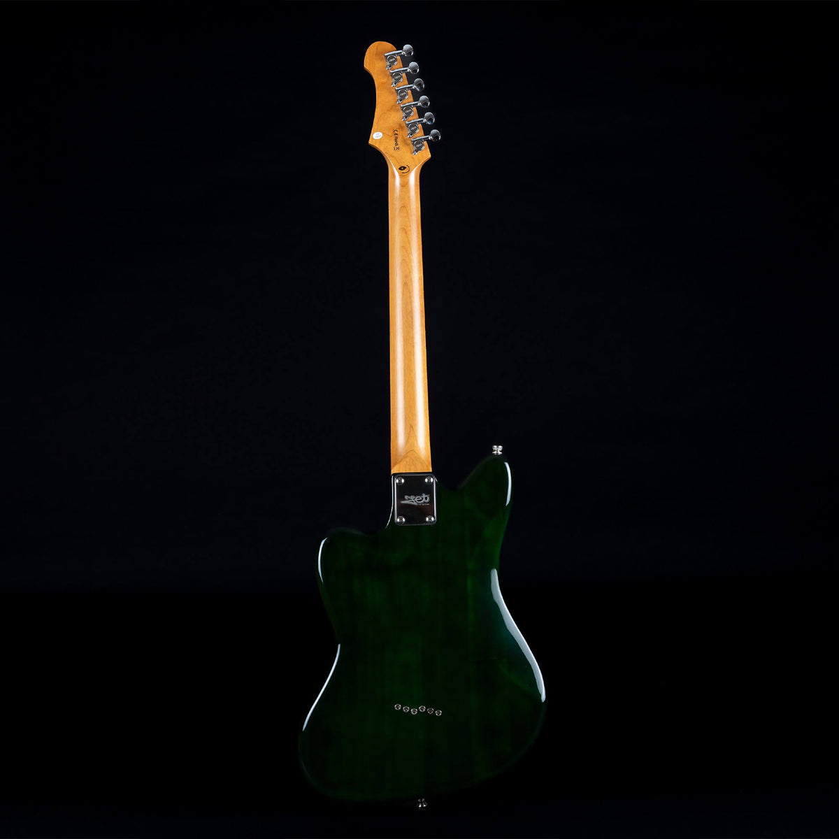 Jet JJ-350 GR R green offset electric guitar, full back view with roasted maple neck.