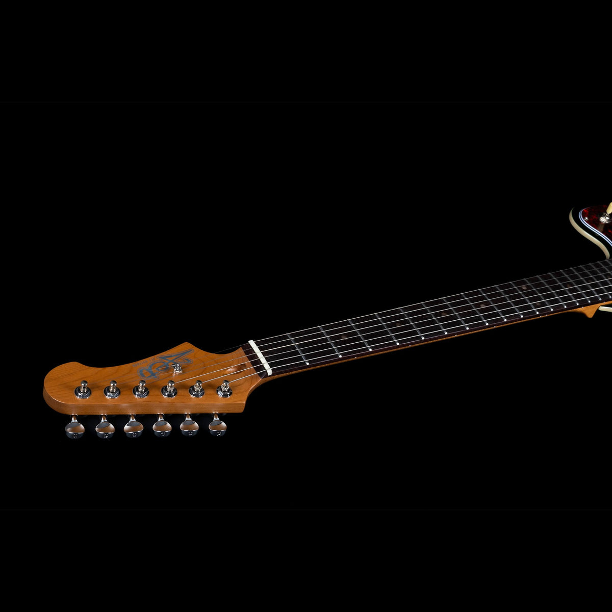 Close-up of the Jet JJ-350 GR R red tortoise pickguard, humbuckers, controls and bridge.