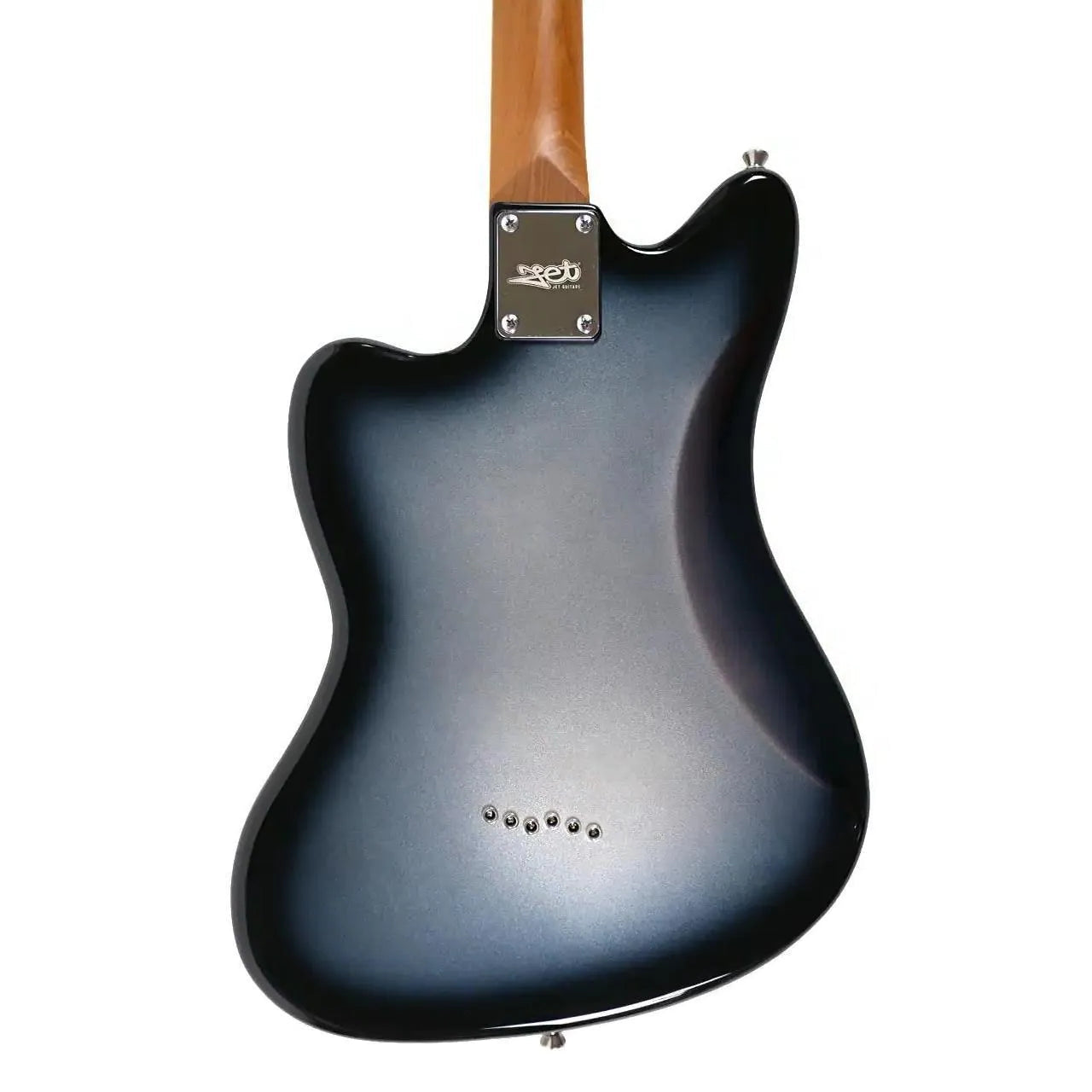 Back of a Jet JJ-350 MB Baritone Moonburst electric guitar with roasted poplar body and maple neck.