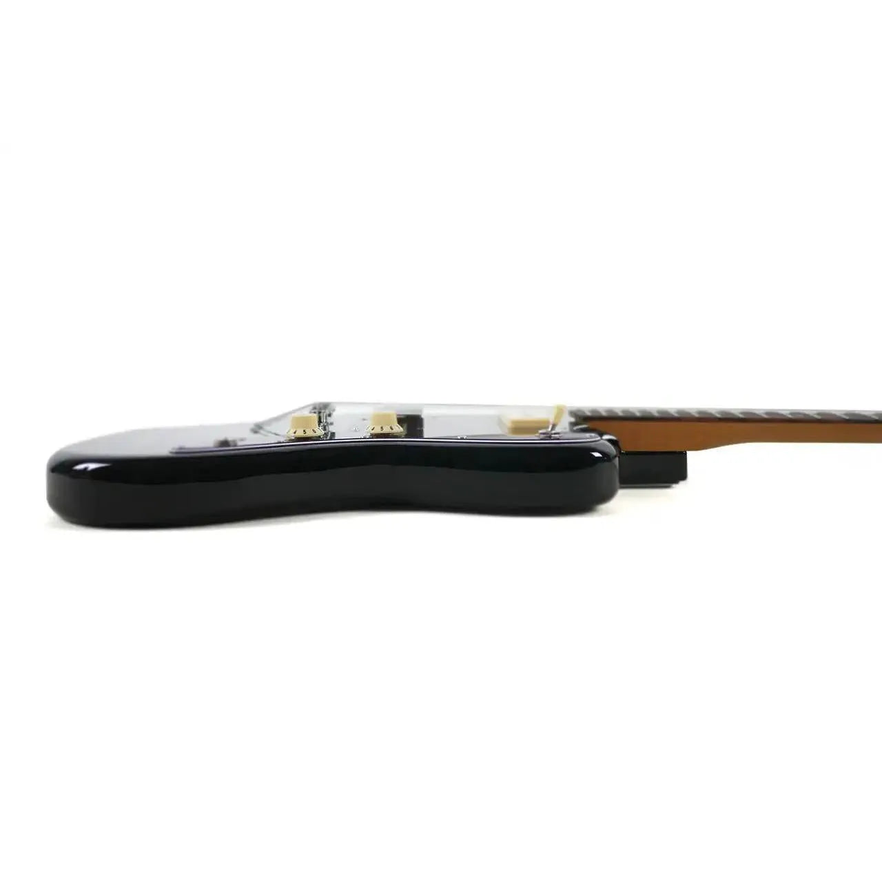 Jet JJ-350 MB Baritone Moonburst electric guitar body, black finish, with pickups and controls visible.