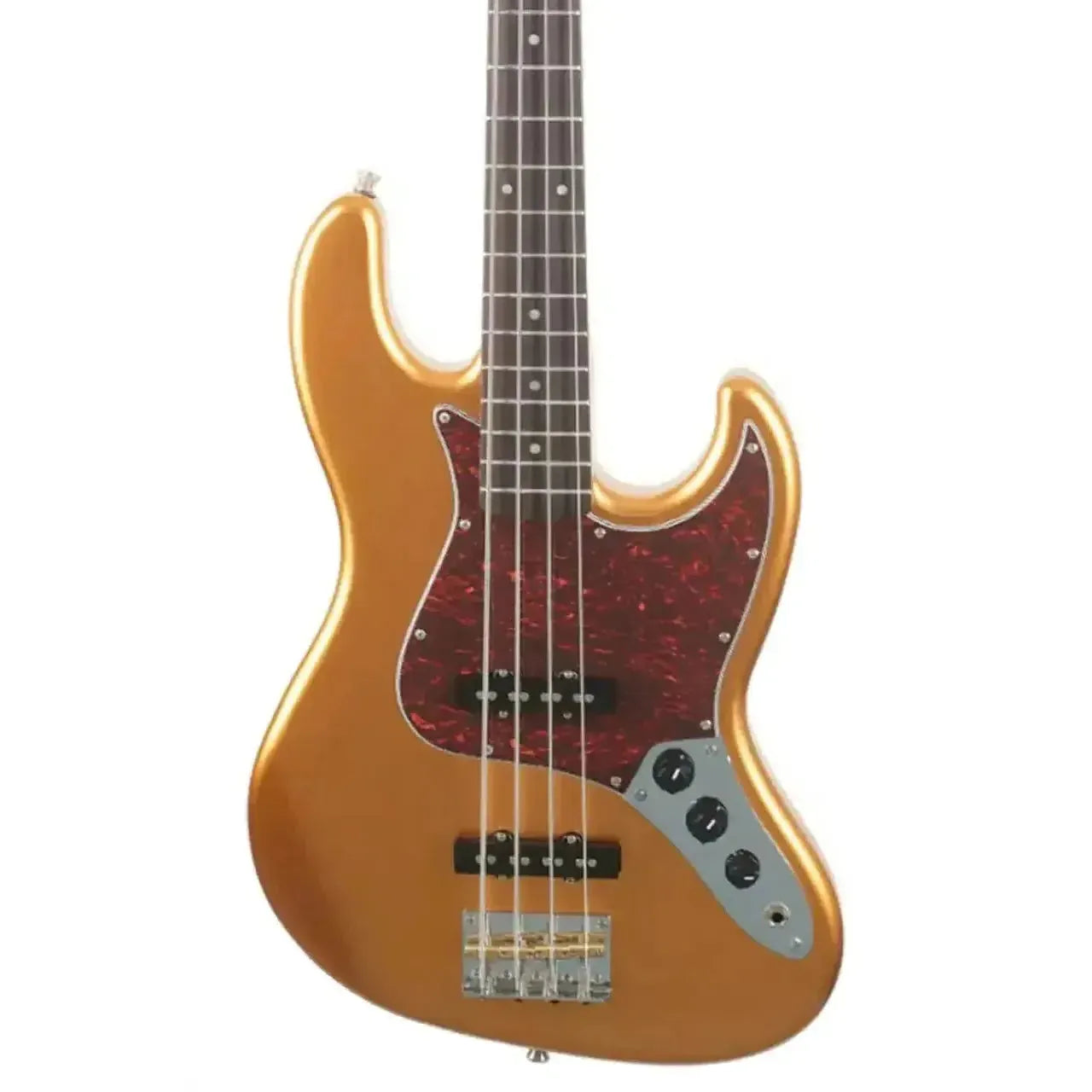 Jet JJB-300 GD R Gold Solid Body Electric Bass with red tortoise pickguard and chrome hardware.