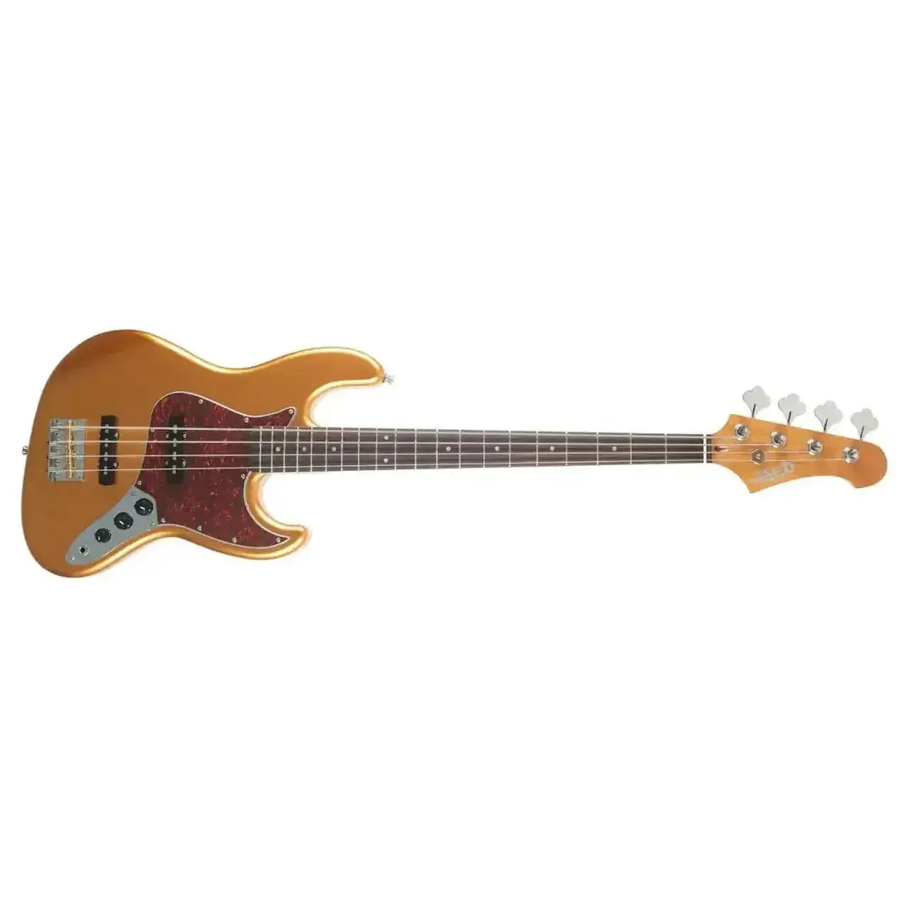 Jet JJB-300 GD R Gold solid body electric bass with red tortoise pickguard and chrome hardware.