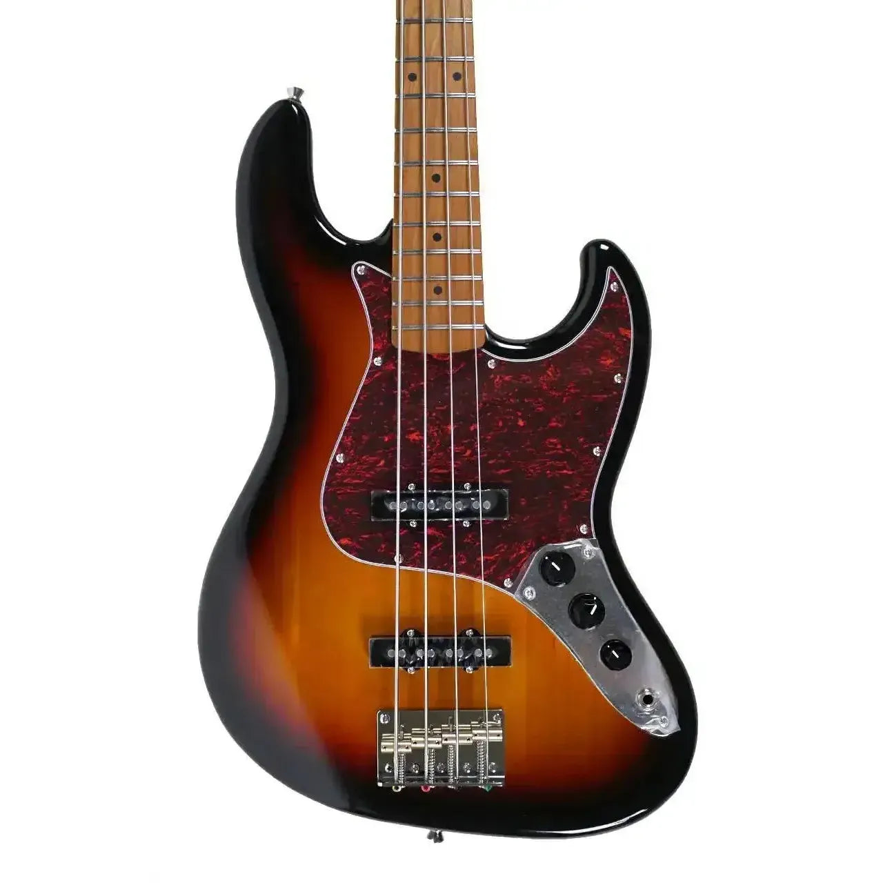 Jet JJB-300 SB Sunburst solid body electric bass with roasted poplar body, maple neck, and red pickguard.