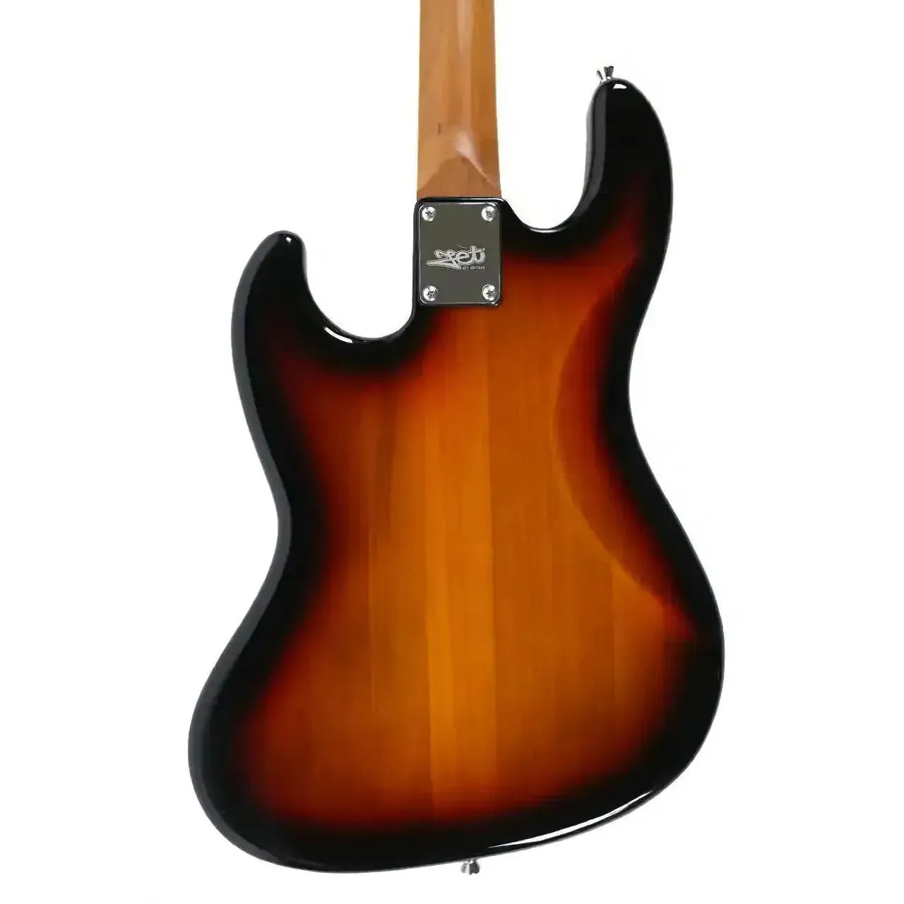 Back of a Jet JJB-300 SB solid body electric bass with sunburst finish and roasted maple neck.