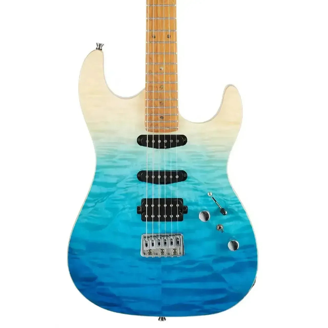 Jet JS-1000 QTBL Stratocaster electric guitar with quilted transparent blue to white fade finish and roasted maple neck.