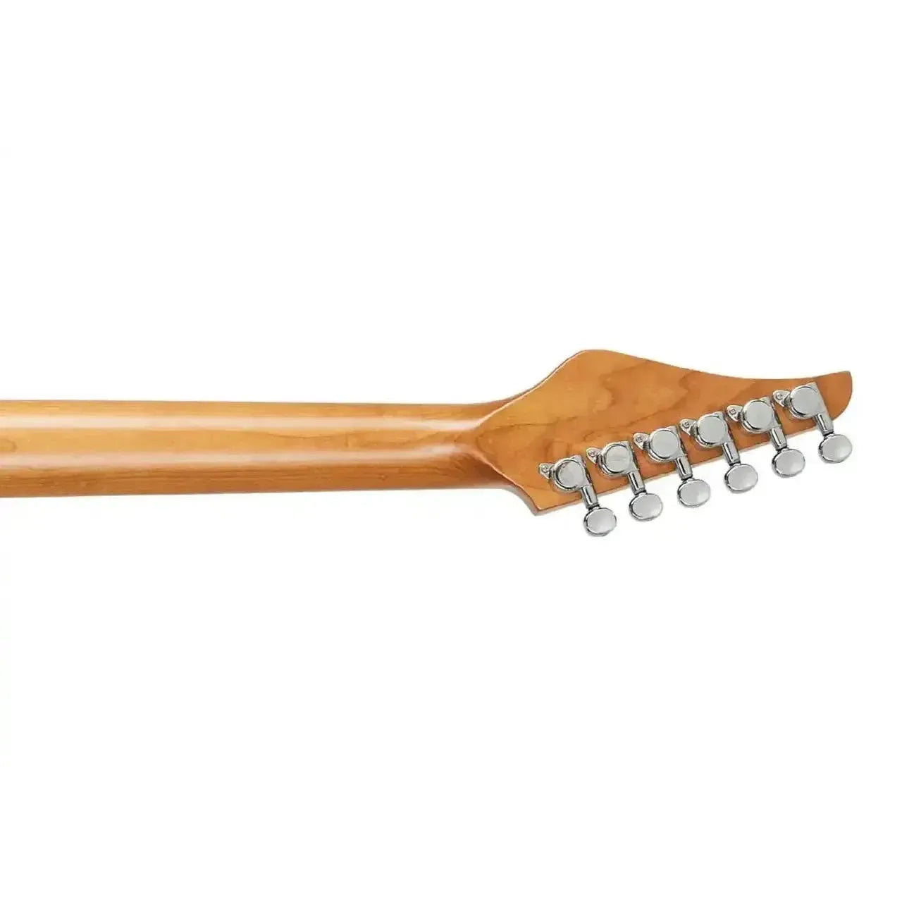 Jet JS-1000 QTBL electric guitar's roasted maple neck and headstock with chrome locking tuners.