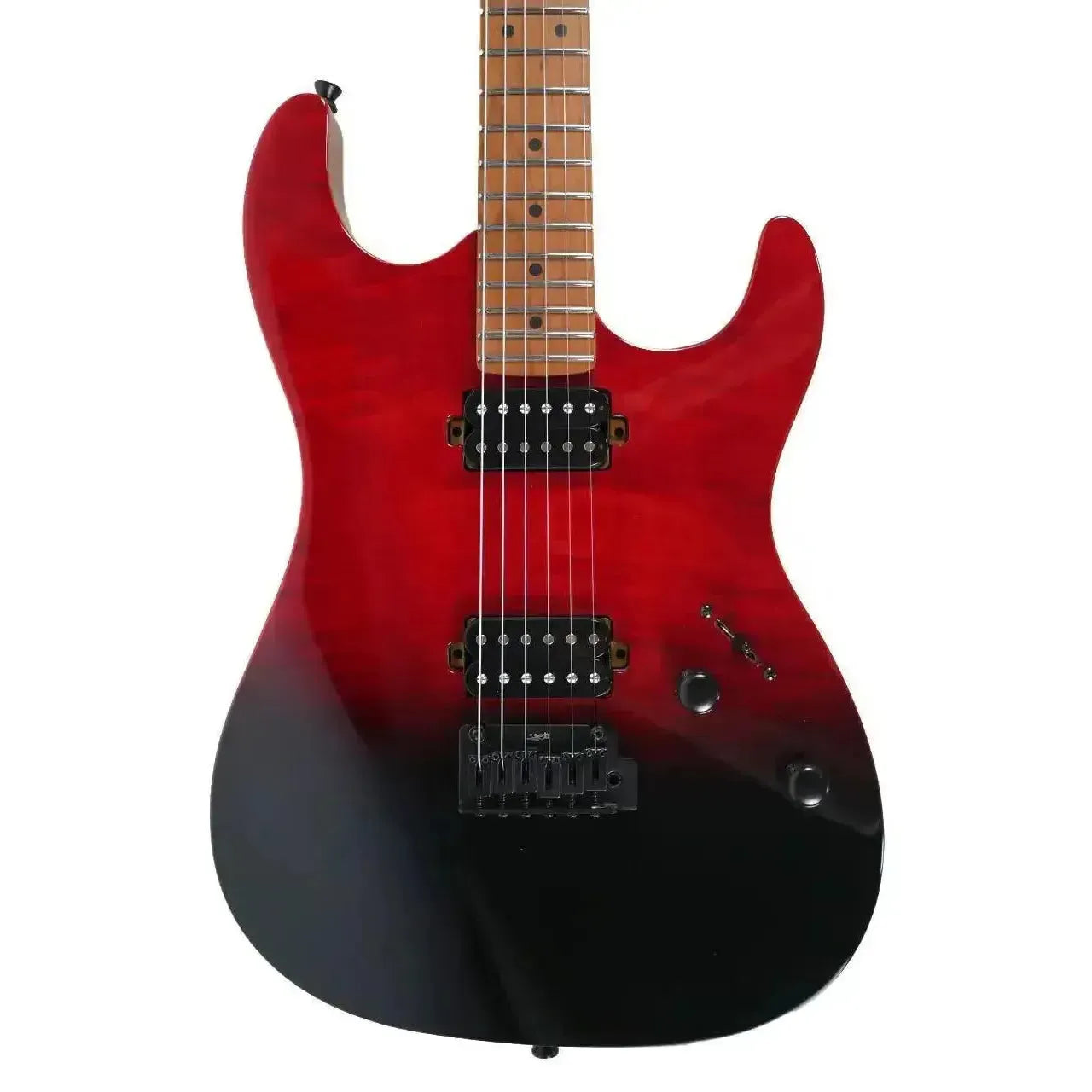 Jet JS-1000 Vulcano Stratocaster electric guitar with flamed transparent red to black finish, roasted maple neck.
