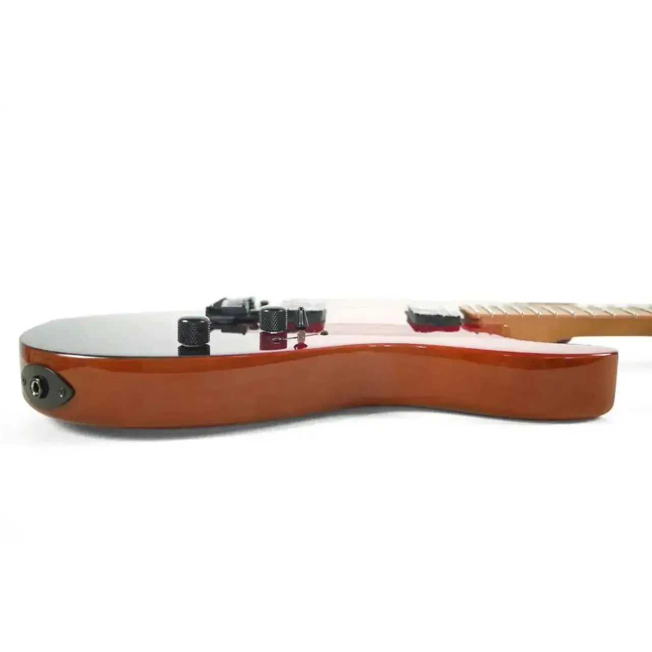 Jet JS-1000 Vulcano Stratocaster electric guitar body in flamed transparent red, showing the input jack.
