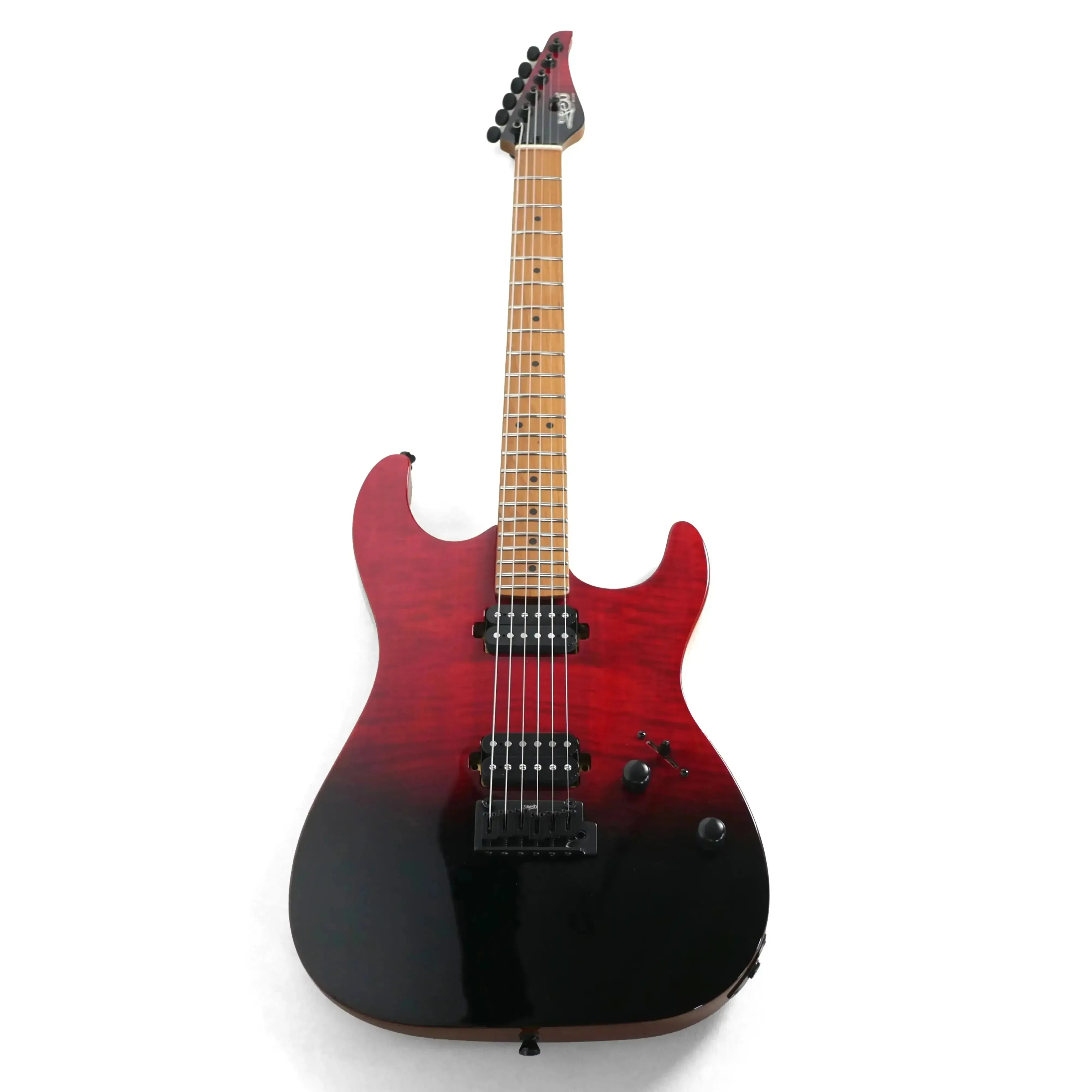 Jet JS-1000 Vulcano Stratocaster electric guitar with flamed transparent red to black finish and roasted maple neck.