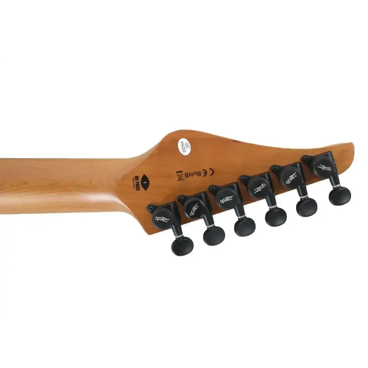 Back of a Jet JS-1000 Vulcano Stratocaster electric guitar headstock with 6 black locking tuners.