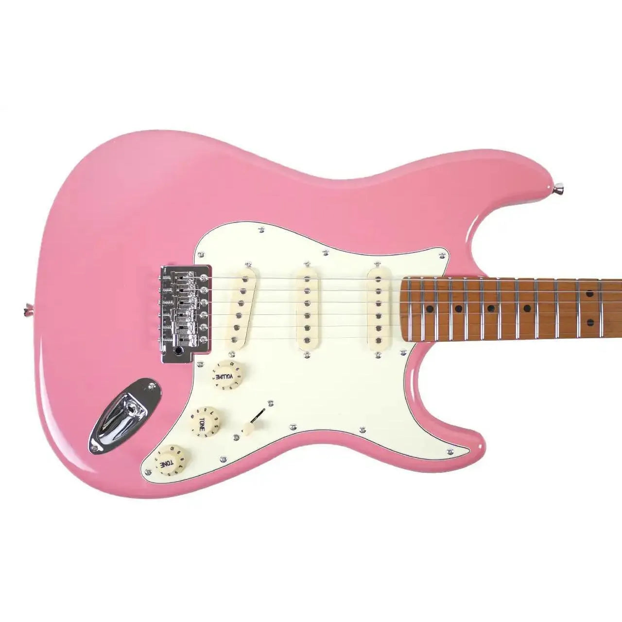 Jet JS-300 BGD Burgundy Pink Stratocaster electric guitar with white pickguard and roasted maple neck.