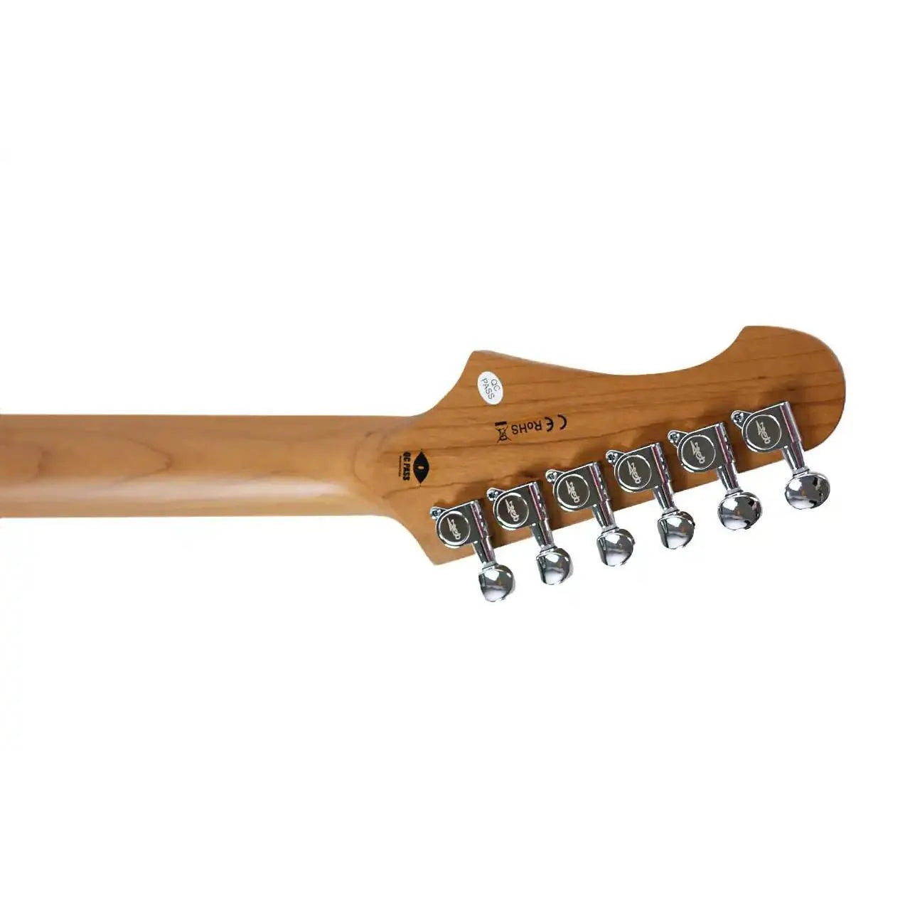 Jet JS-300 Stratocaster electric guitar headstock and neck, showing chrome tuners and natural wood finish.