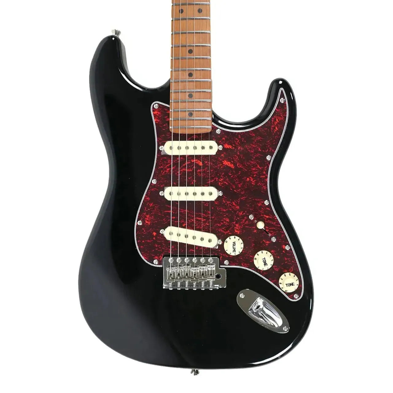 Jet JS-300 BK black Stratocaster electric guitar with red tortoise pickguard, white pickups, and roasted maple neck.