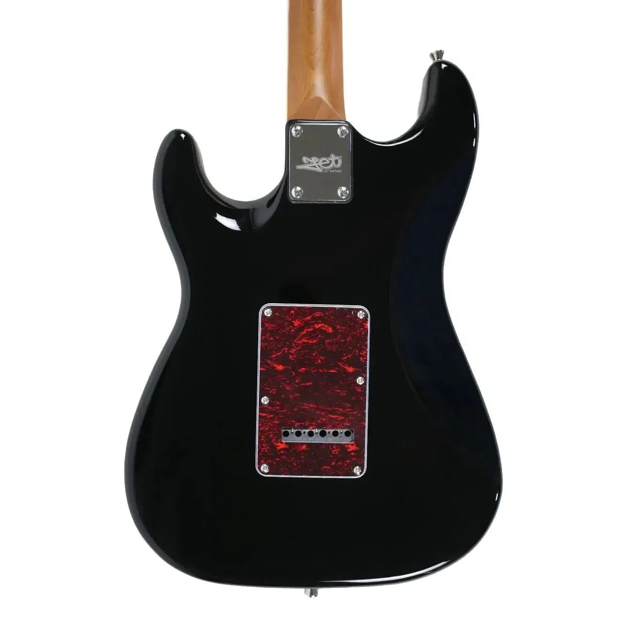 Back of a black Jet JS-300 Stratocaster electric guitar with a red tortoiseshell tremolo cover and natural wood neck.