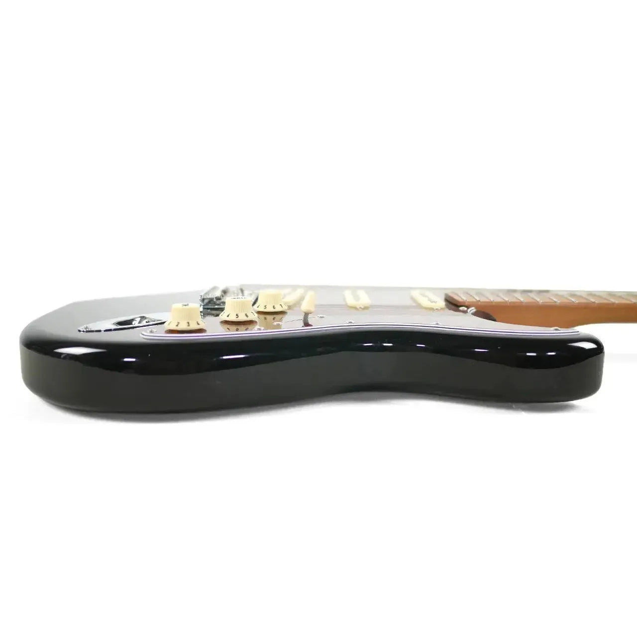 Jet JS-300 BK Black Stratocaster electric guitar body with cream knobs and roasted maple neck.