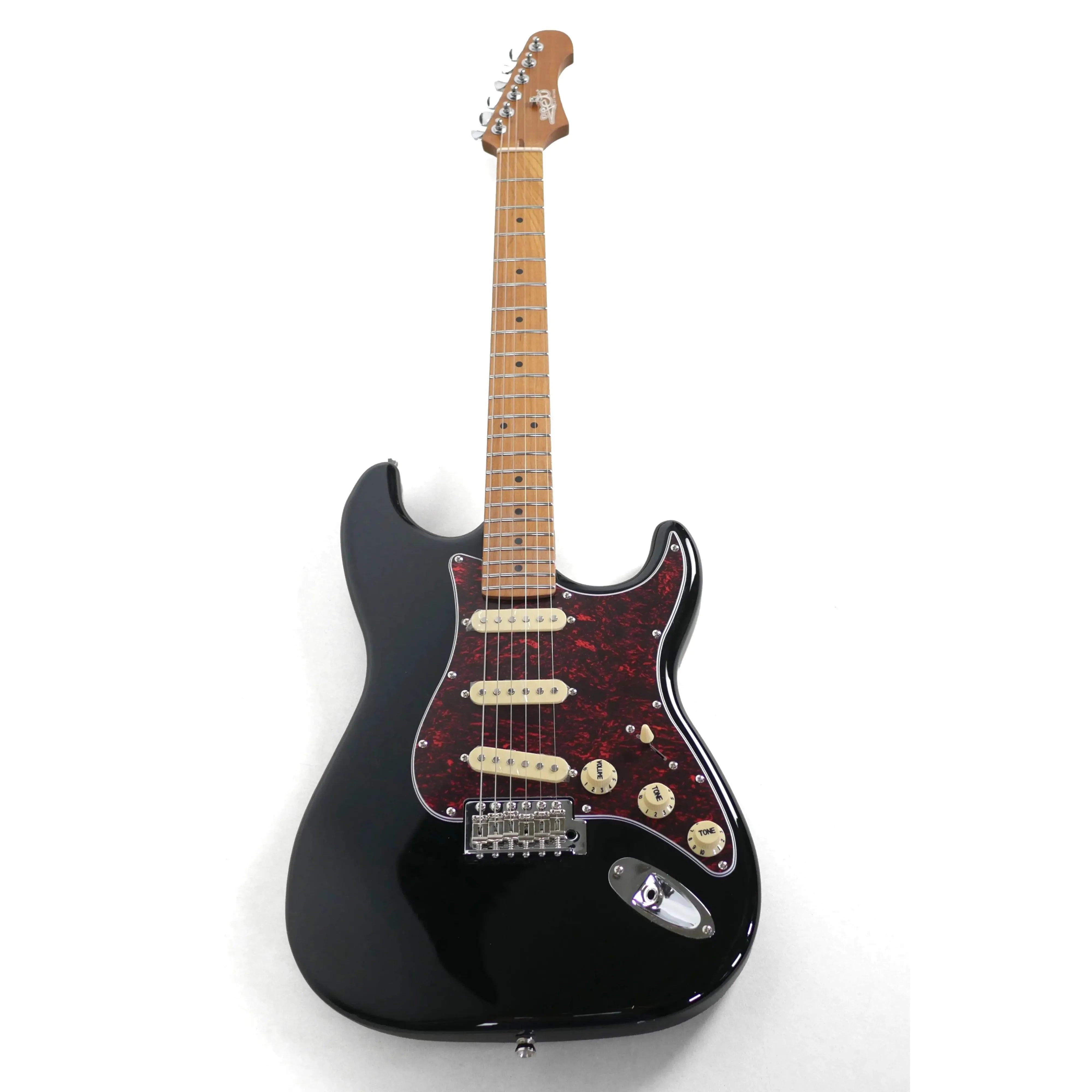 Jet JS-300 BK Black Stratocaster electric guitar with a red tortoise pickguard and roasted maple neck.
