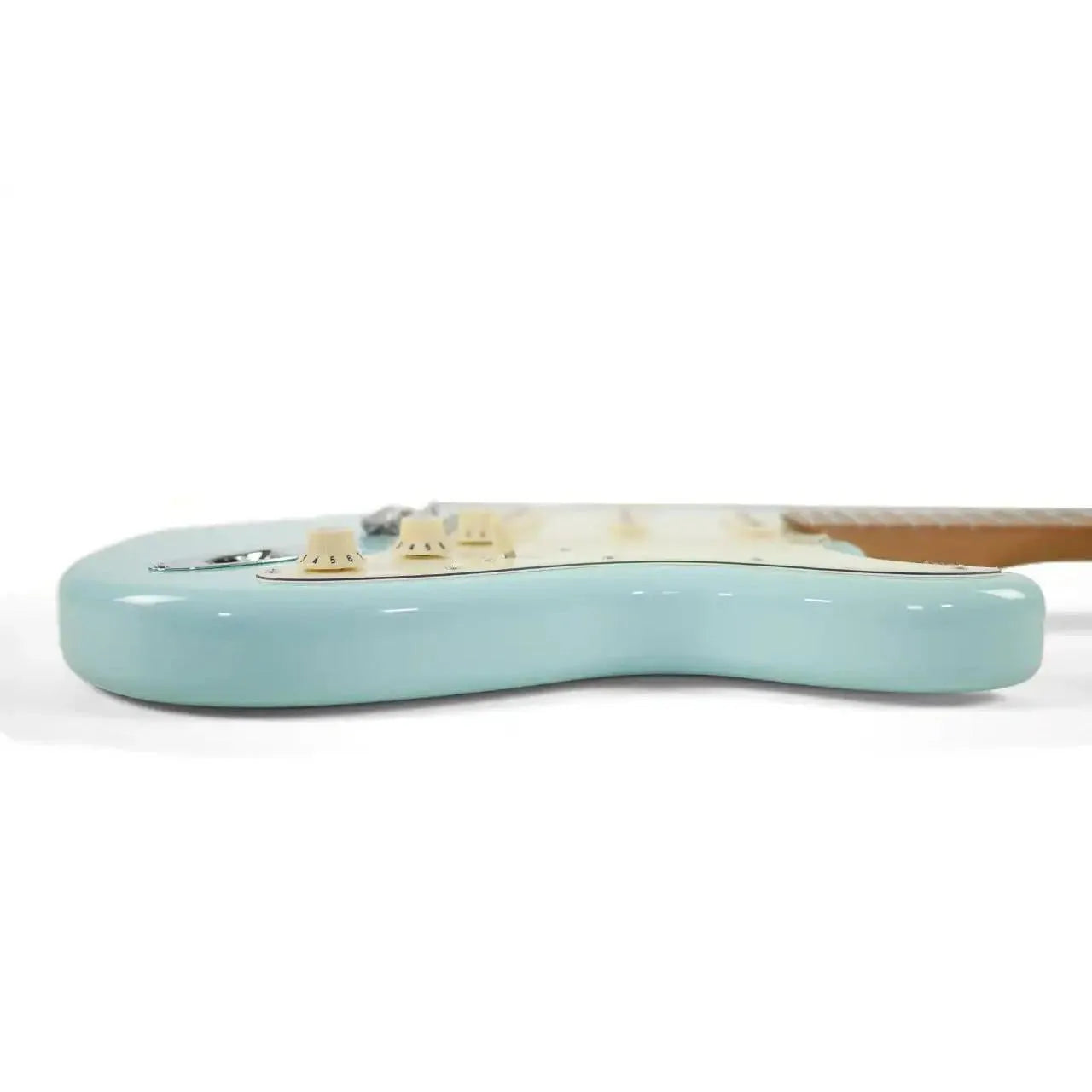 Jet JS-300 BL Sonic Blue Stratocaster electric guitar body with white pickguard and controls.