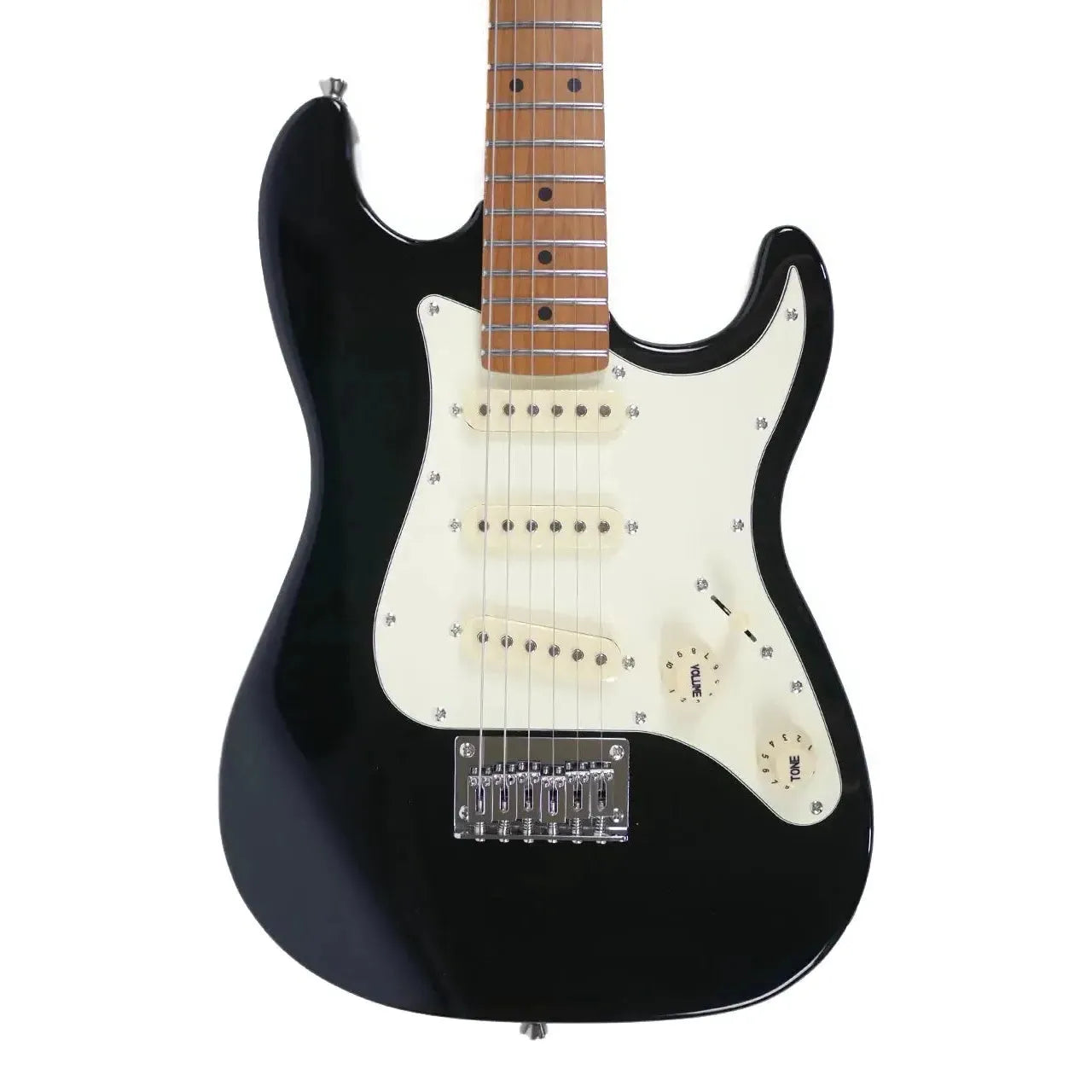 Jet JS-300 MINI BK black solid body Stratocaster electric guitar with white pickguard and roasted maple neck.