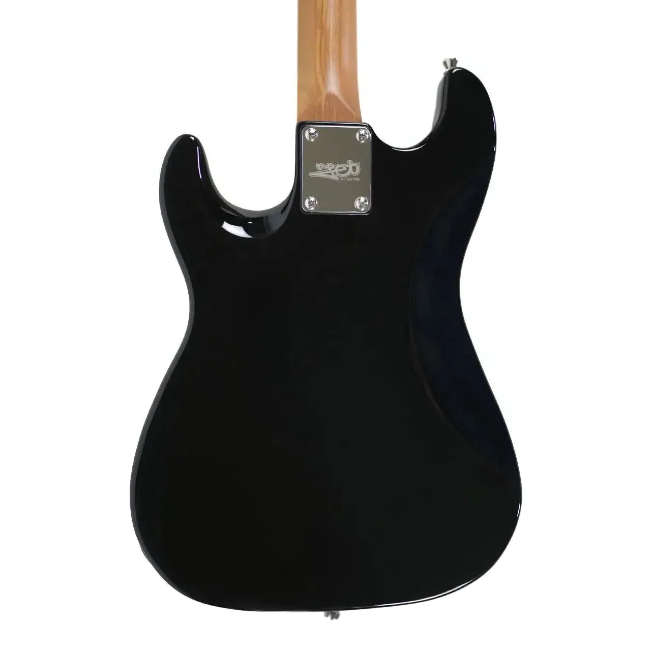 Back of a gloss black Jet JS-300 MINI Stratocaster electric guitar with a light wood neck.