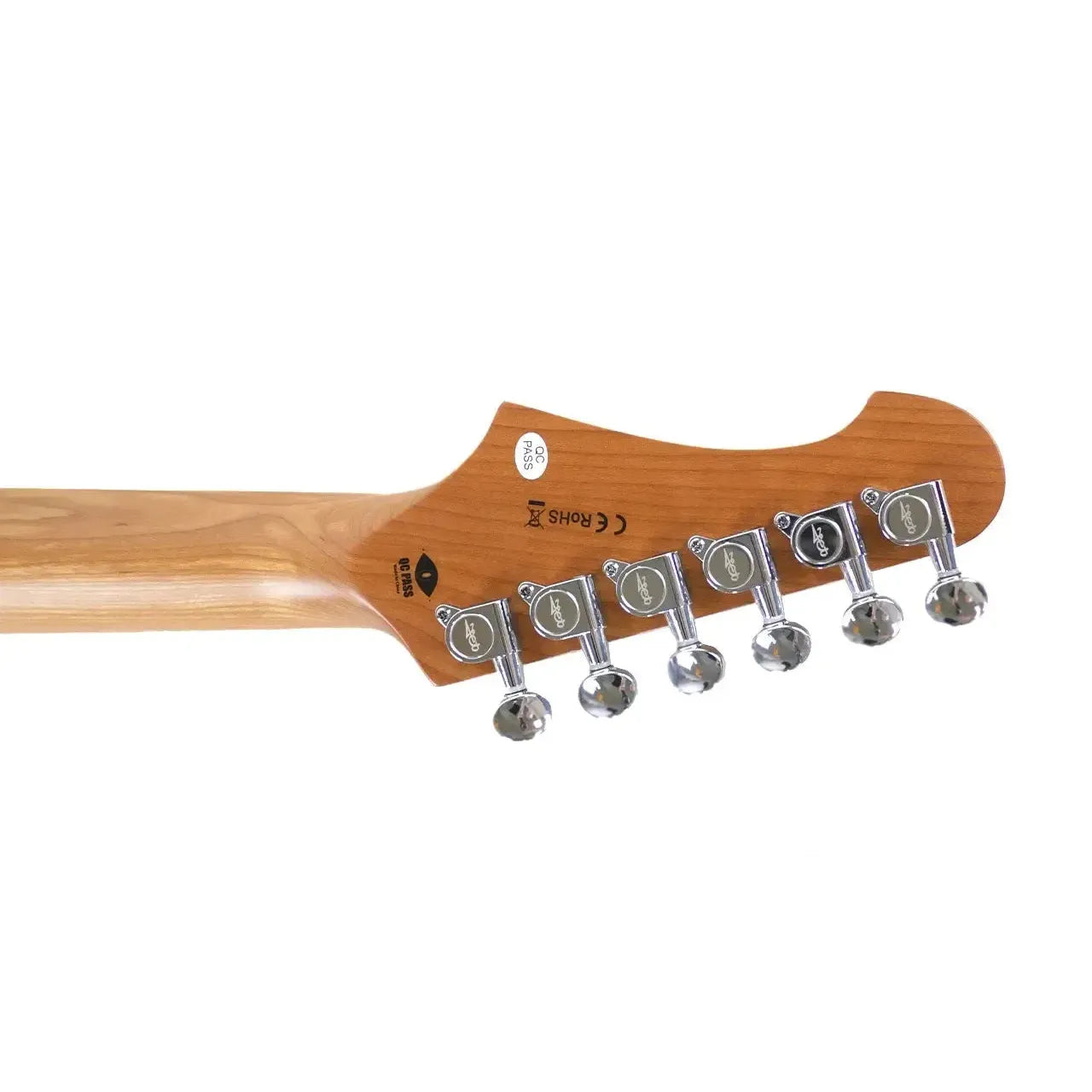 Back of Jet JS-300 MINI BK electric guitar headstock with roasted maple neck and six chrome tuners.
