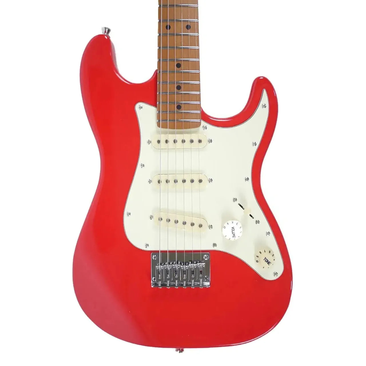 Jet JS-300 MINI RD red Stratocaster electric guitar with white pickguard and roasted maple neck.