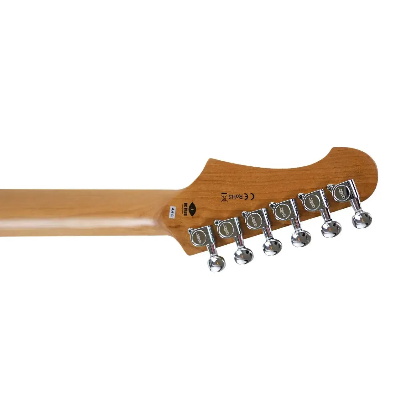Jet JS-300 MINI RD electric guitar's roasted maple neck and headstock with chrome tuners.